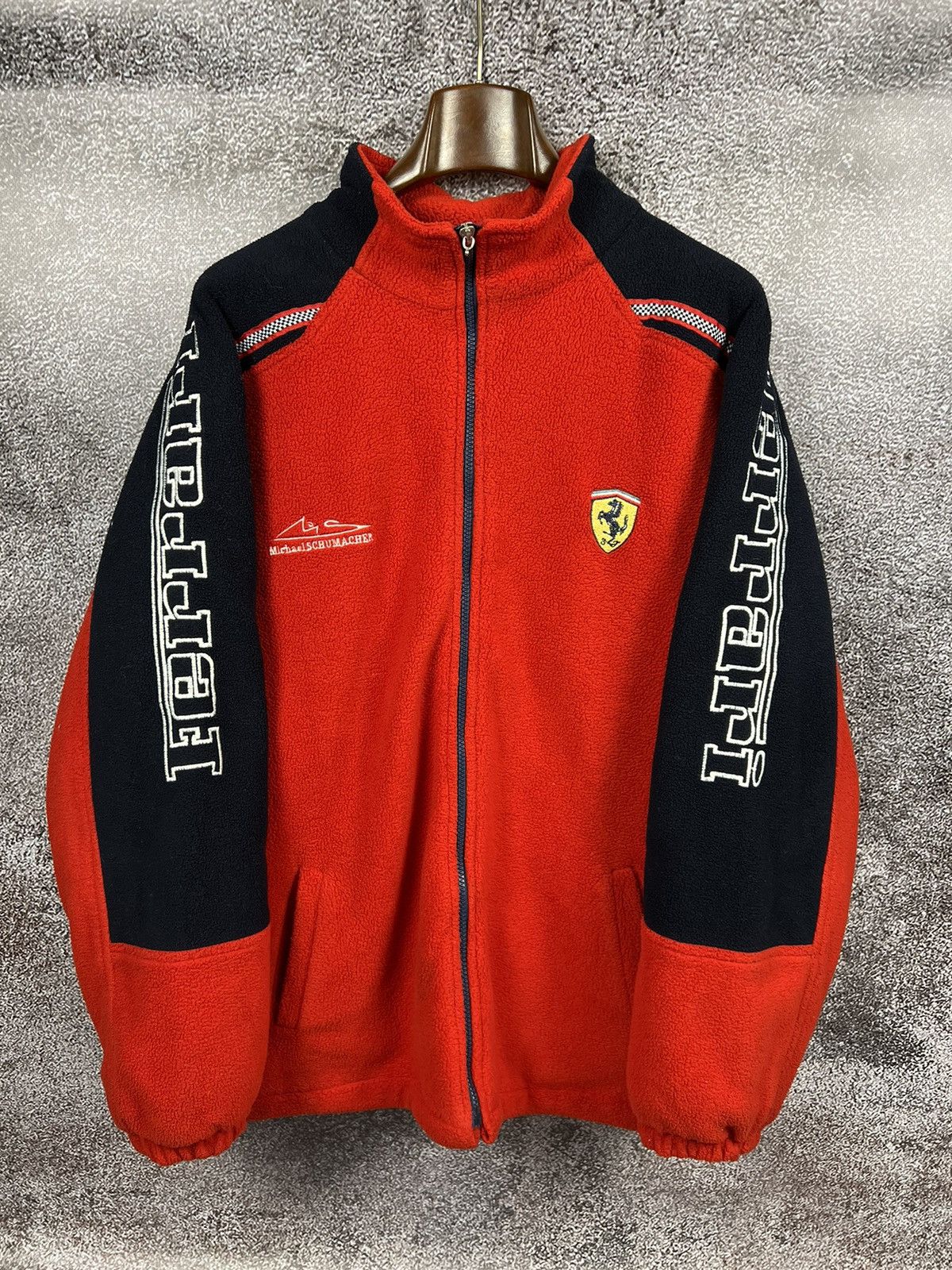 Image of 90's Ferrari Vintage Michael Schumacher Nascar Fleece Y2K in Navy/Red, Men's (Size XL)