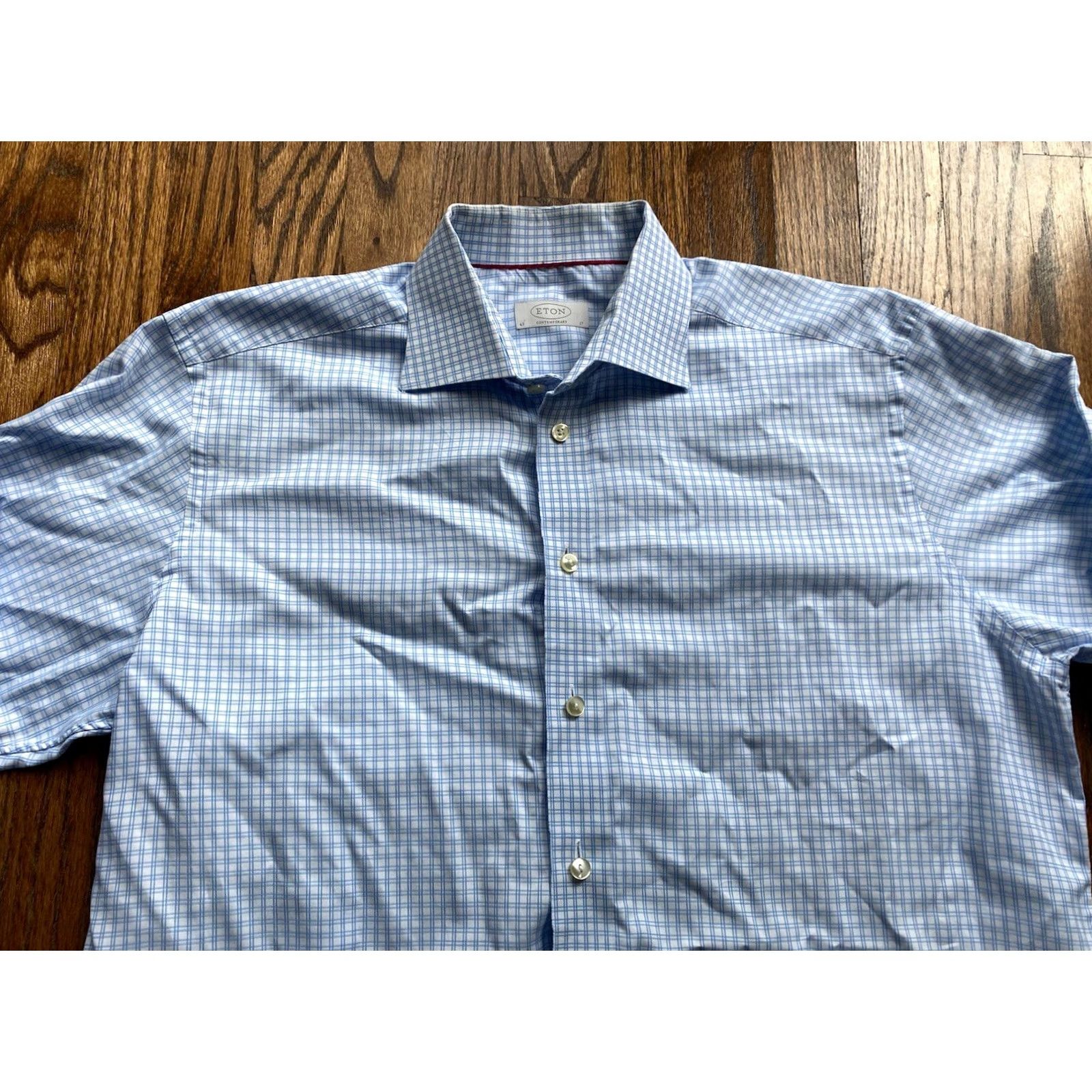 Eton Eton Dress Shirt Mens Contemporary Size 17 Blue White Check Long Sleeve Size 46R - 4 Thumbnail