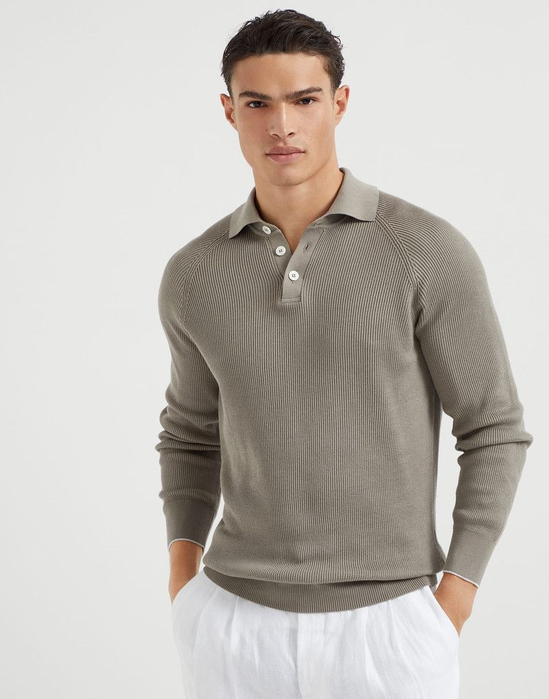 Brunello Cucinelli o1la1rc1a0326 English Rib Knit Polo Sweater in Green Size US XL / EU 56 / 4 - 1 Thumbnail