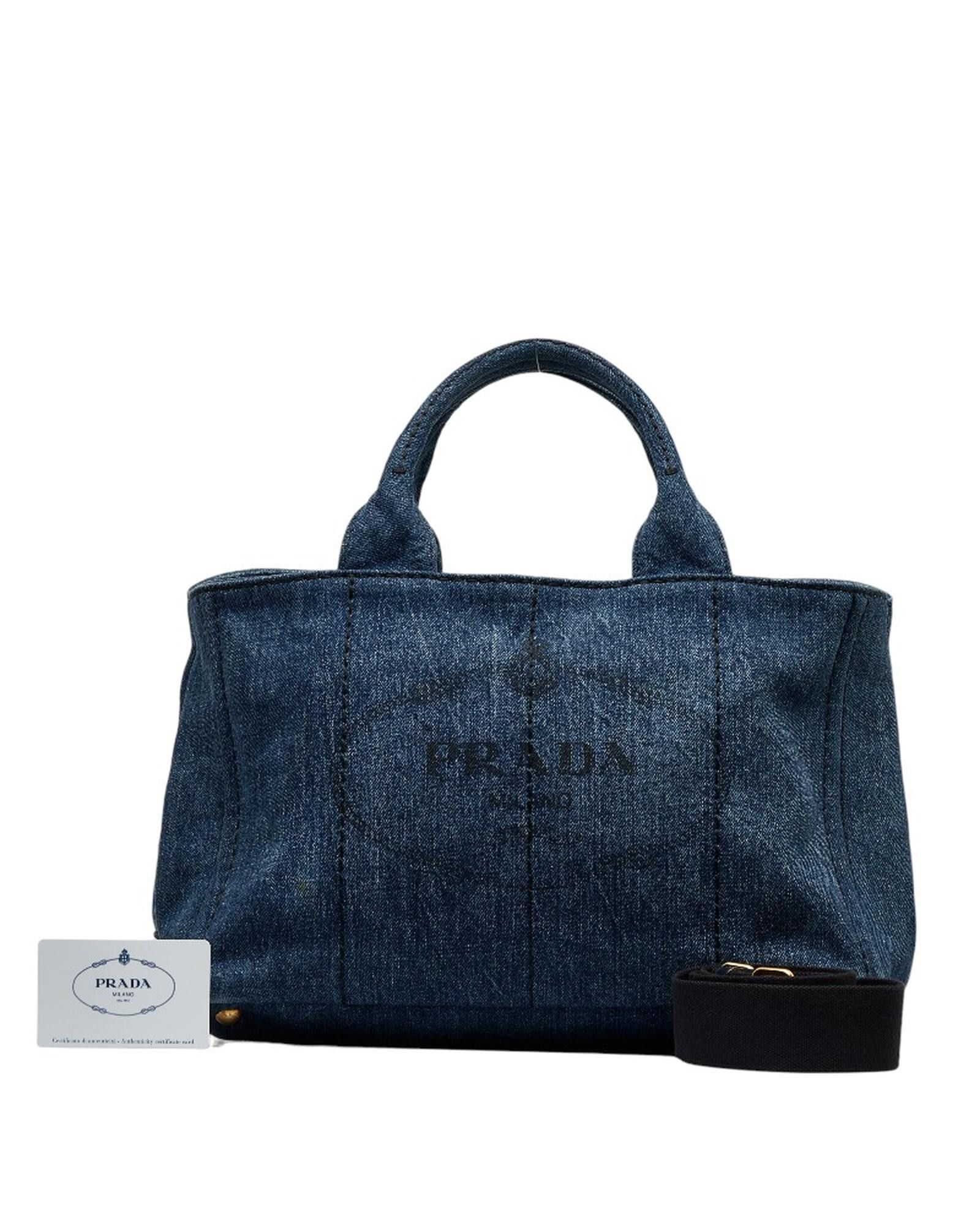 image of Prada Logo Denim Handbag In Blue, Women's