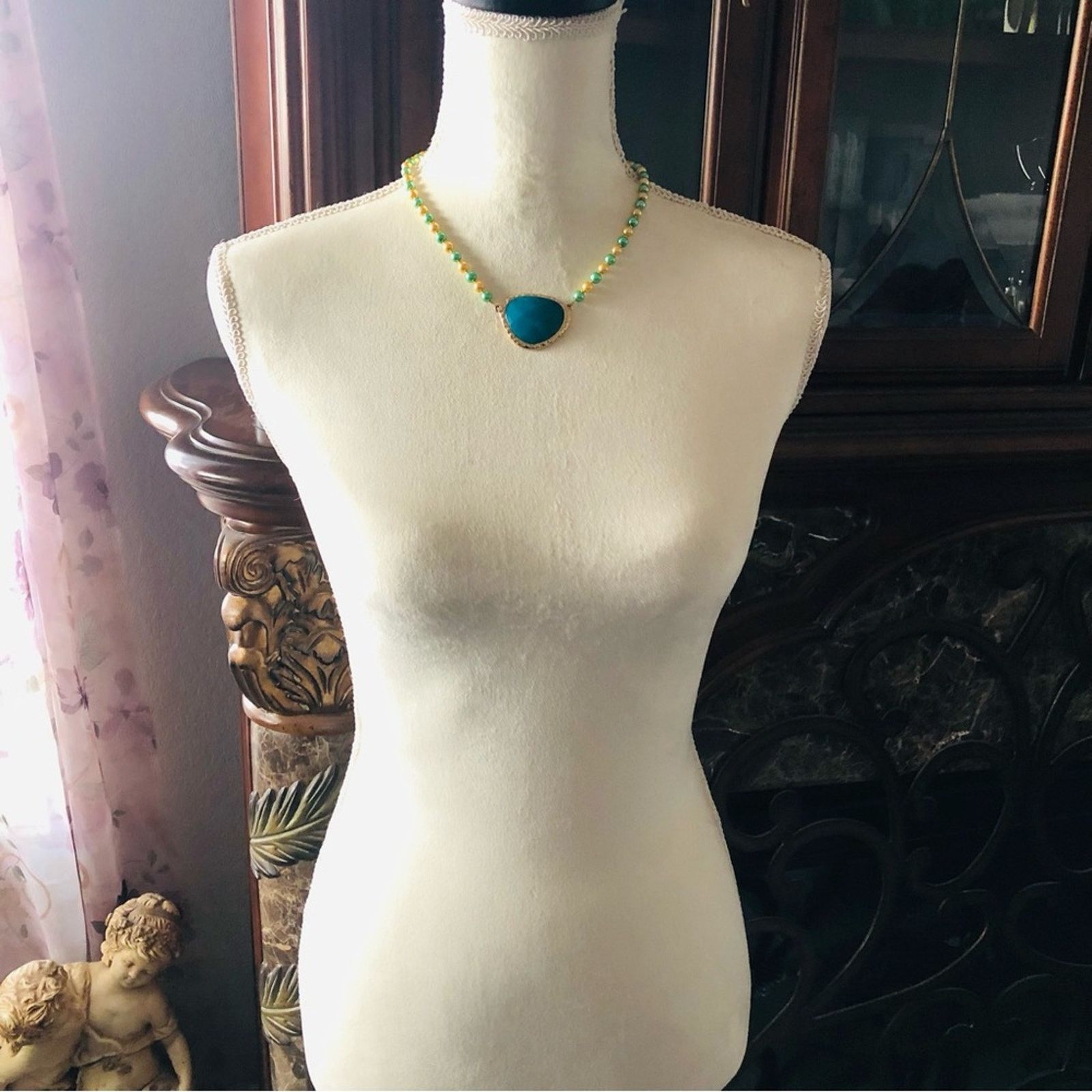 Handmade Handcrafted repurpose teal green dome glass Pearl necklace Size ONE SIZE - 6 Thumbnail