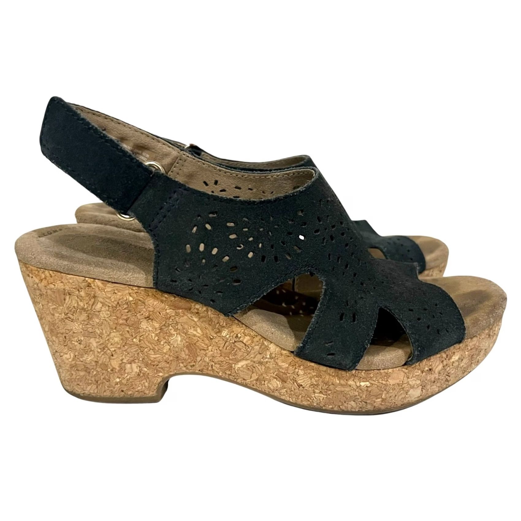 Clarks VINTAGE CLARKS Giselle Bay Sandals Women’s Slingsback Cork Wedge Black US 7.5 M Size US 8 / IT 38 - 2 Thumbnail