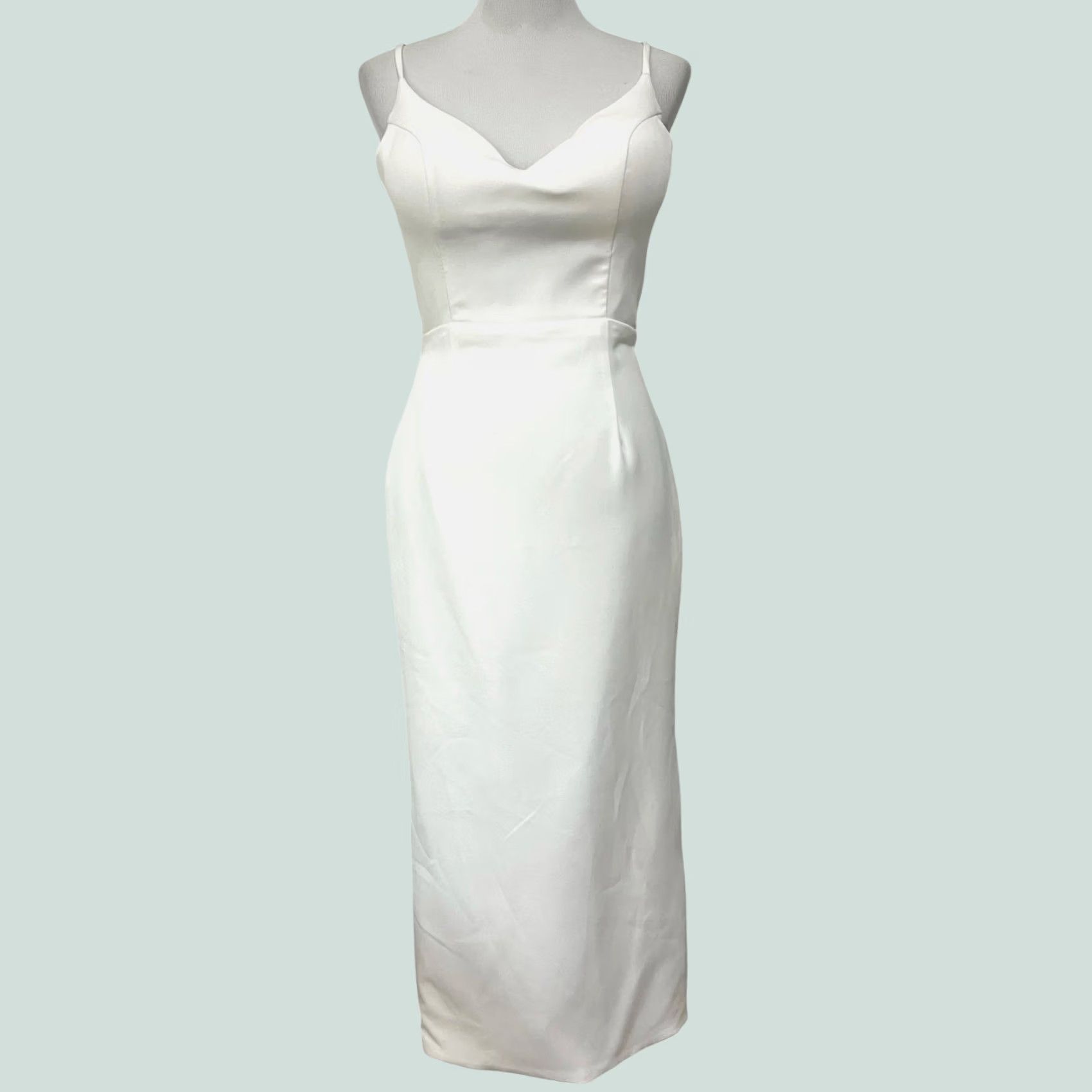 Vintage Olia Zavozina White Wedding Dress Midi Satin Pearl Buttons Down Back Slit Size M / US 6-8 / IT 42-44 - 1 Thumbnail