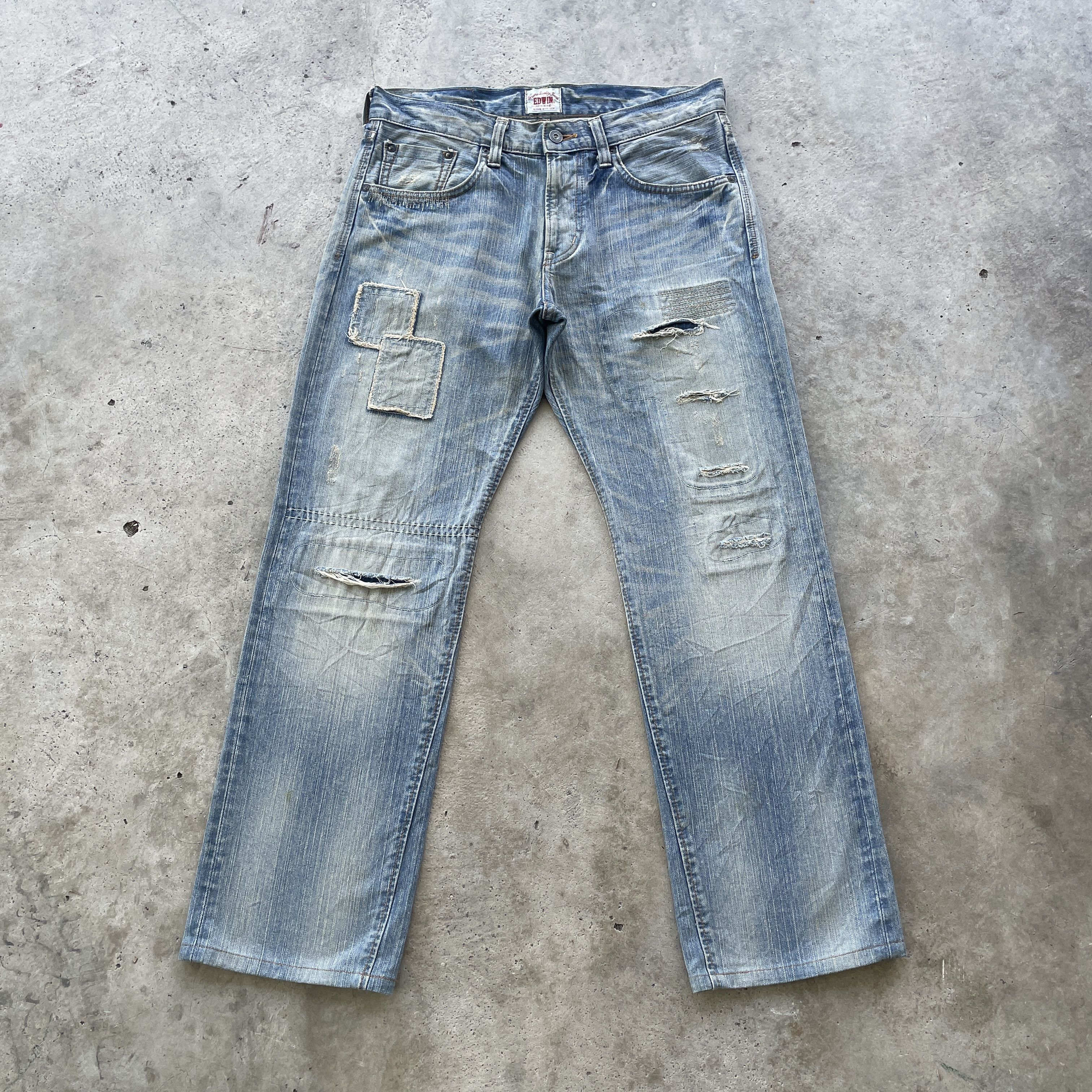 Edwin × Japanese Brand × Jean VINTAGE EDWIN MUDWASH PATCHWORK JEANS DISTRESSED PANTS FADED Size US 33 - 2 Thumbnail
