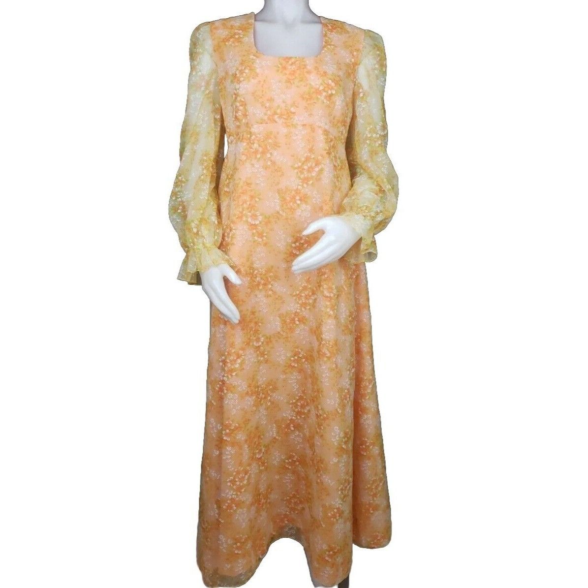 Handmade Vtg Maxi Dress Sz M Orange Floral Chiffon Overlay Empire Pra Size M / US 6-8 / IT 42-44 - 2 Thumbnail
