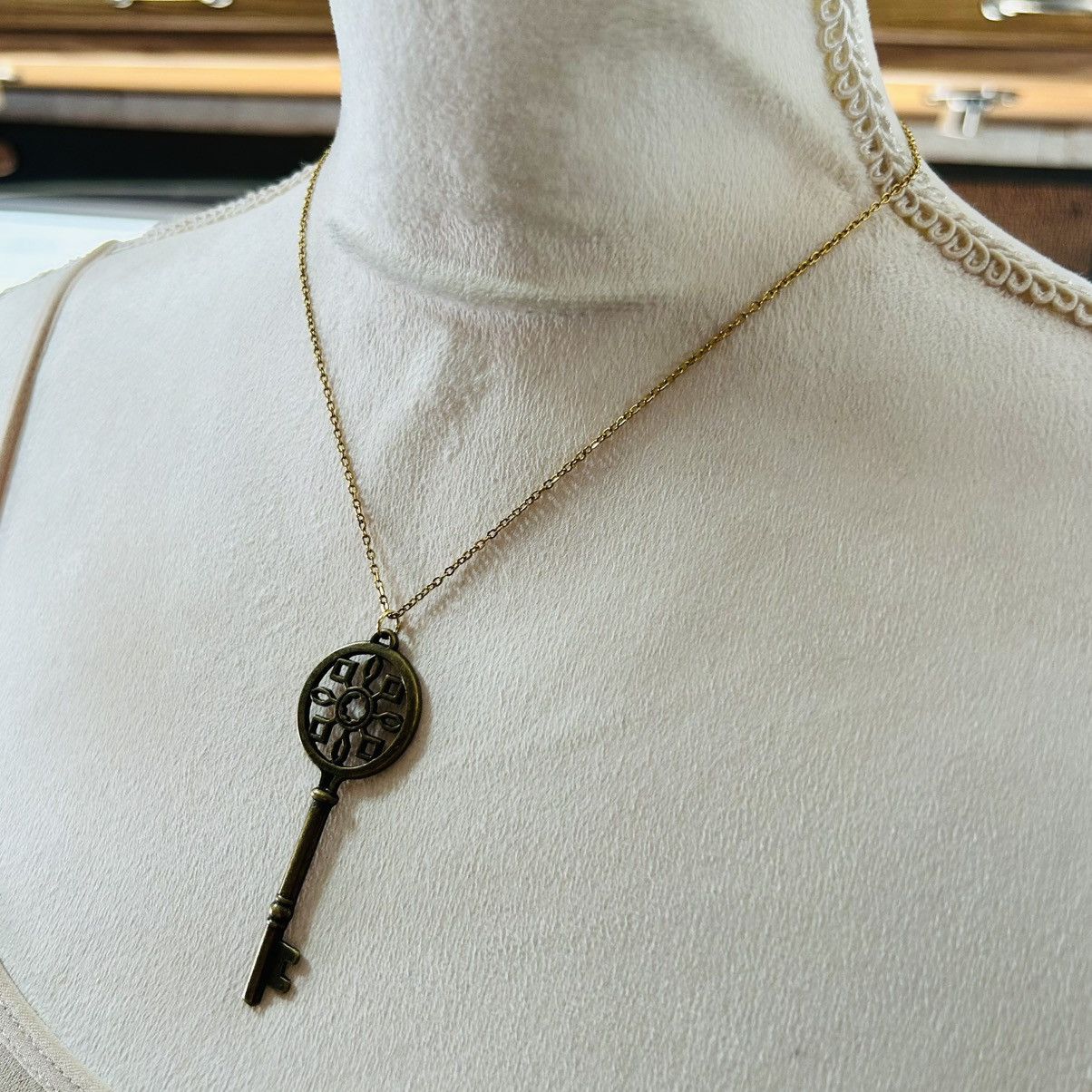 Handmade Handcrafted brass skeleton key pendant on chain necklace Size ONE SIZE - 3 Thumbnail
