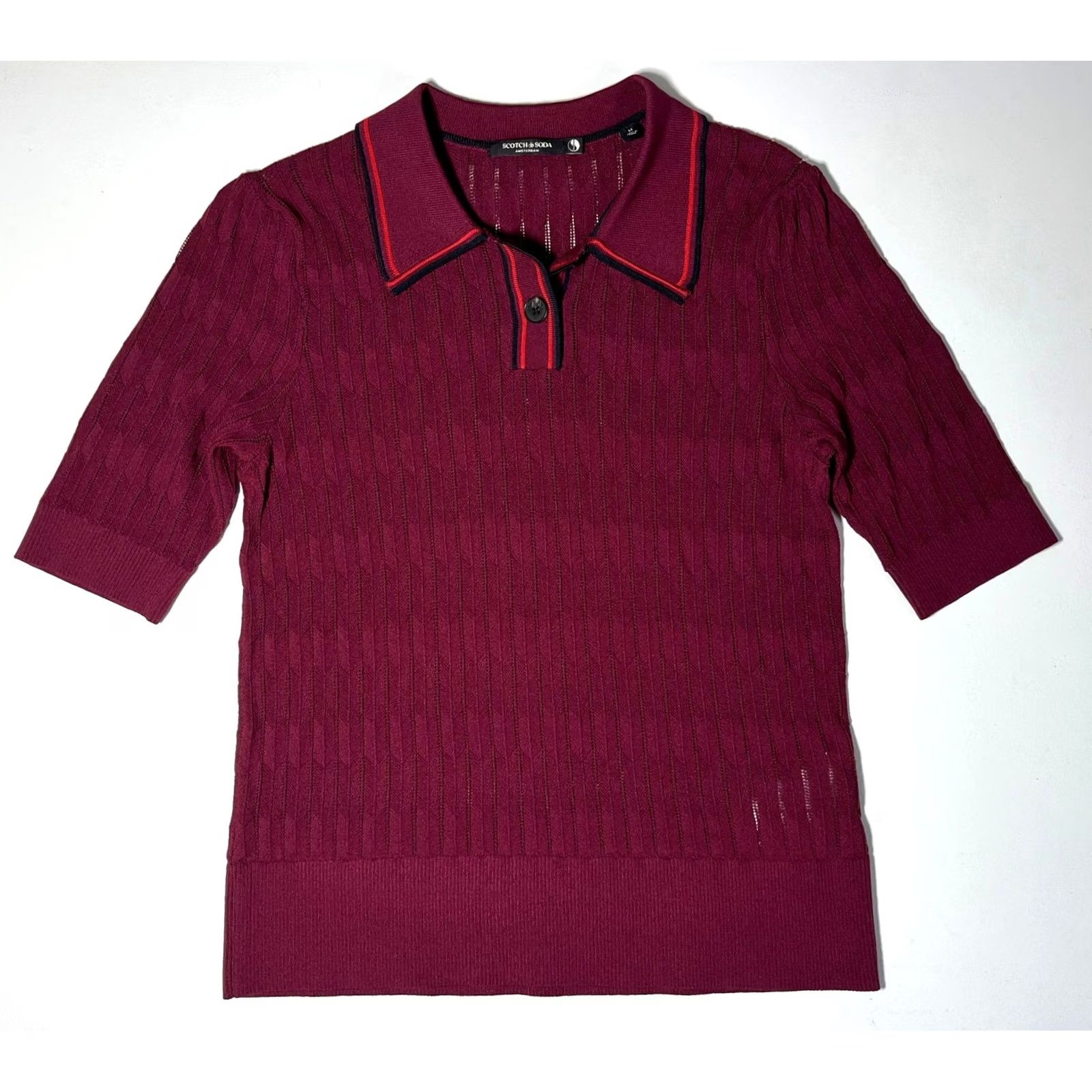 Scotch & Soda Scotch & Soda Women's Polo Shirt Women's Cable Knit Short Sleeve Pullover with Spread Collar Wine M Size M / US 6-8 / IT 42-44 - 3 Thumbnail