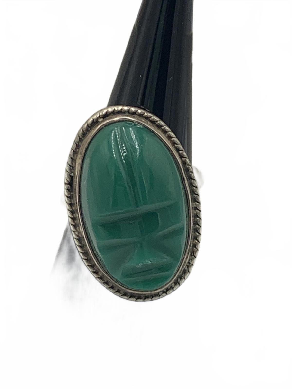 Other 925 Sterling Silver Green Onyx Cabuchon Carved Face Ring Size ONE SIZE - 1 Thumbnail