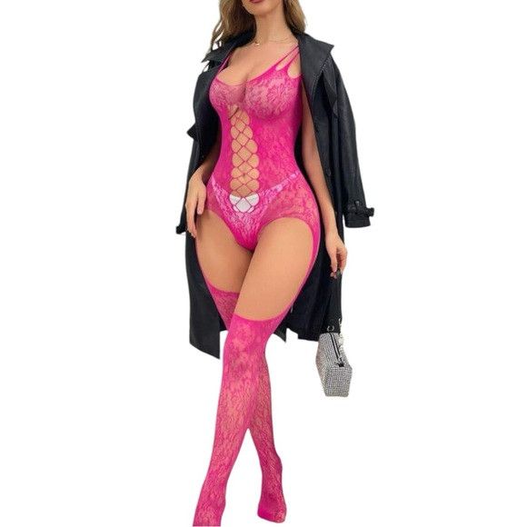 Other Hot Pink Classic Women Mesh High Stretch Tight Jumpsuit Size ONE SIZE - 4 Thumbnail