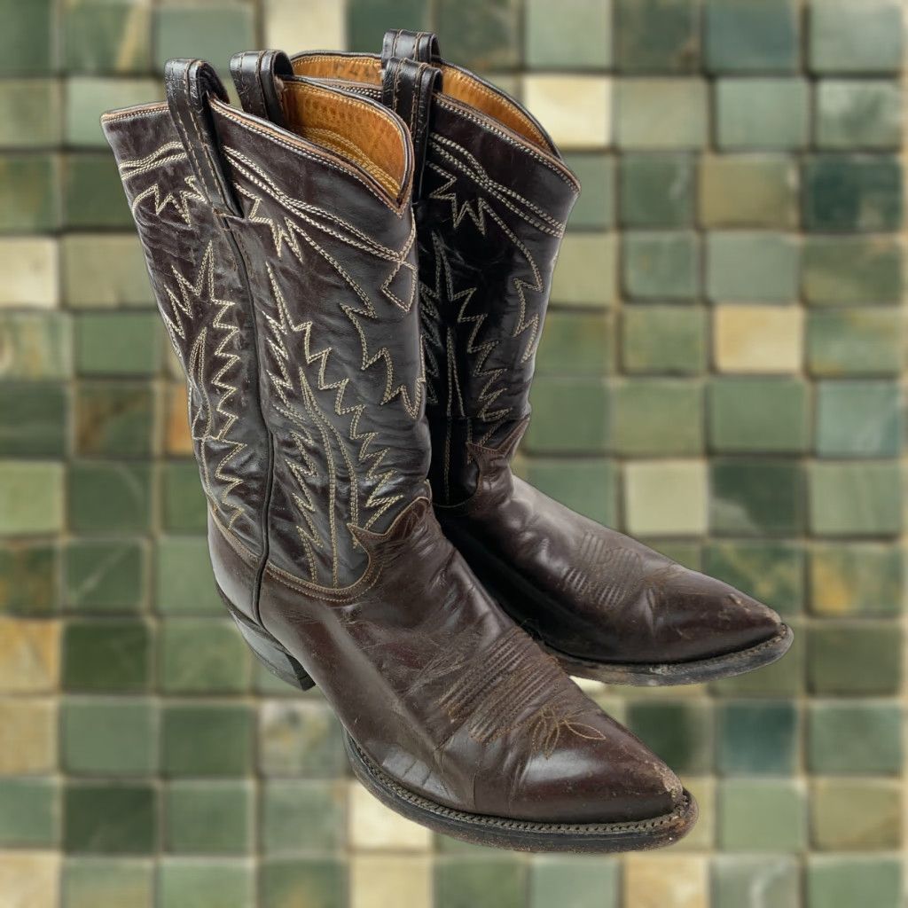 VINTAGE Tony Lama Boots Mens US 10 Cats Paw Dark Brown Leather Zipper Cowboy Western Shoes Mens