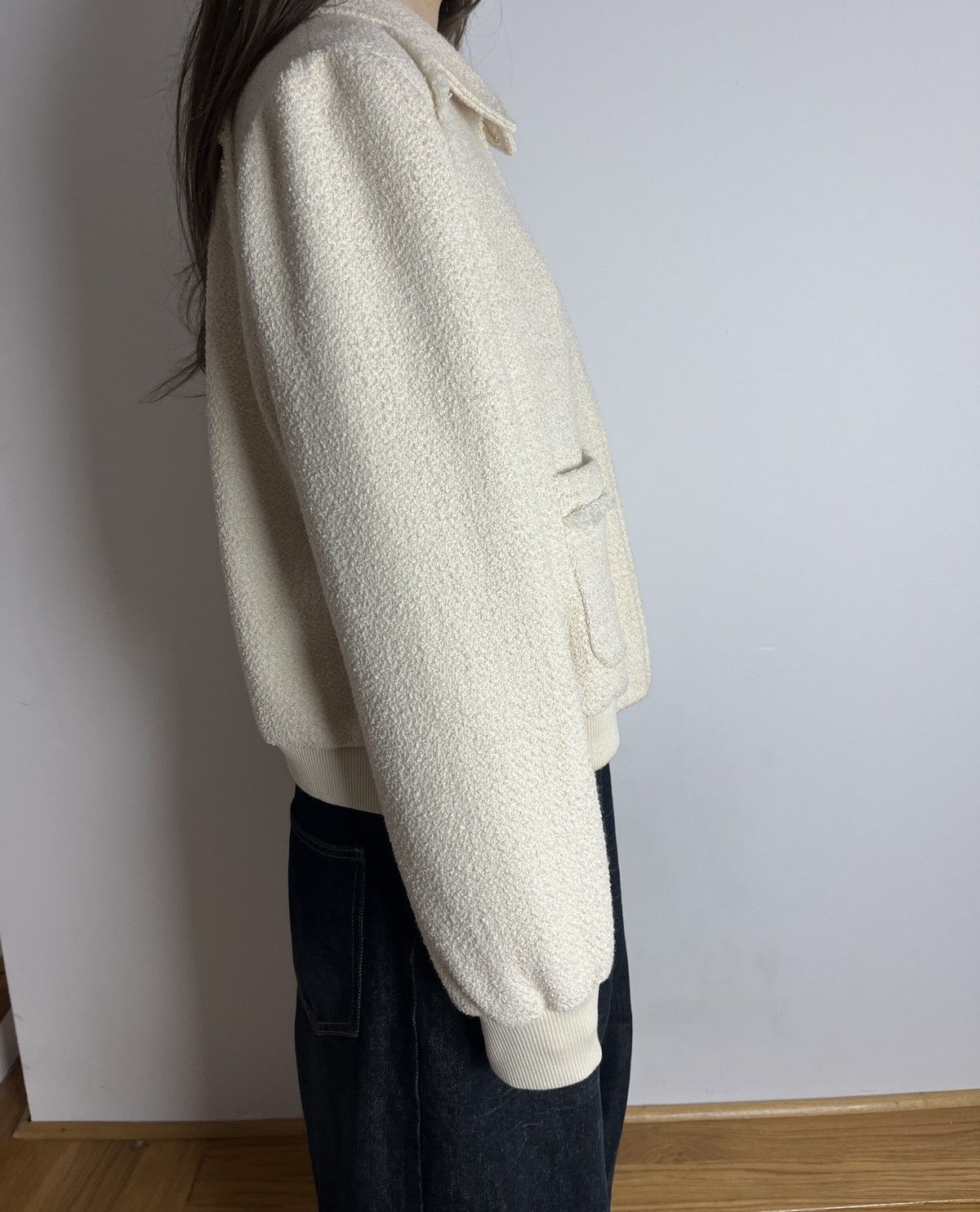 ME+EM ME+EM Tweed Bomber Jacket Cream Stretch Cotton Size XL / US 12-14 / IT 48-50 - 5 Thumbnail