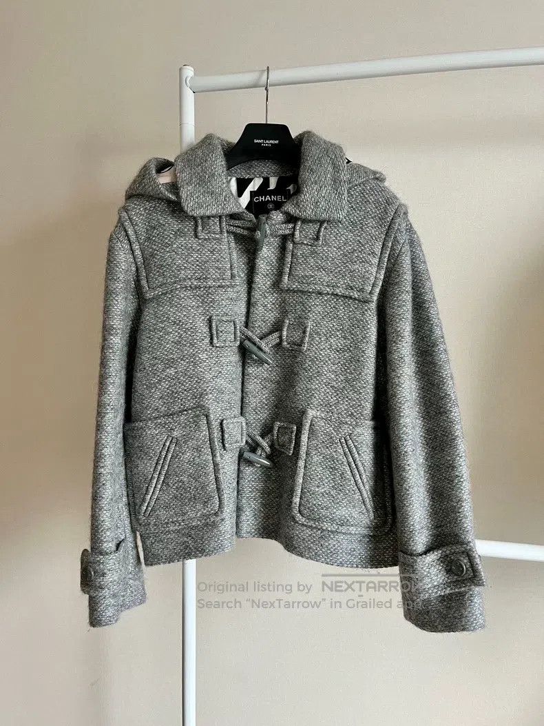 Chanel Silver Grey Cow Horn Buckle Cashmere Hooded Coat
