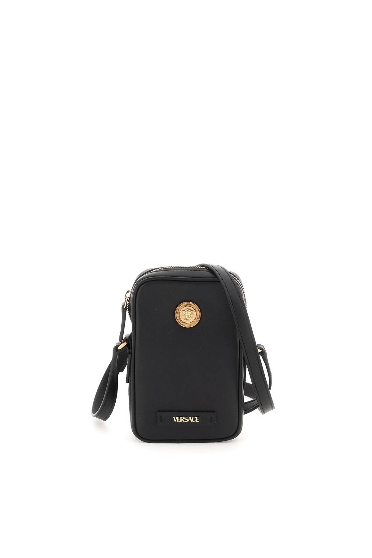image of Versace Medusa Biggie Crossbody Phone Holder in Black Versace Gold, Men's