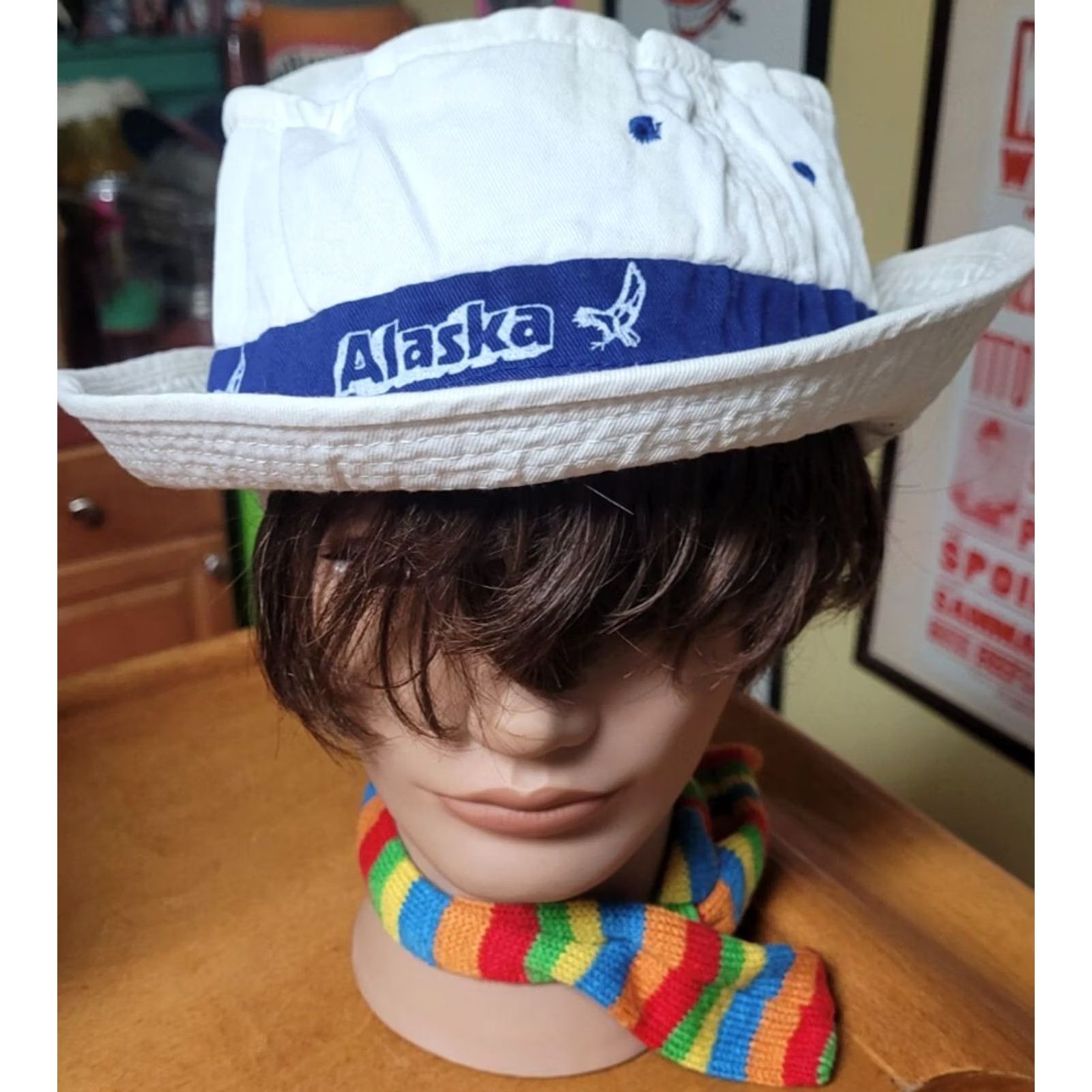 Vintage VINTAGE Alaska Bucket Hat - Bucket Hat White White Medium Unisex Adults M Cotton Logo Print 90s Theme Mens Womens Size ONE SIZE - 3 Thumbnail
