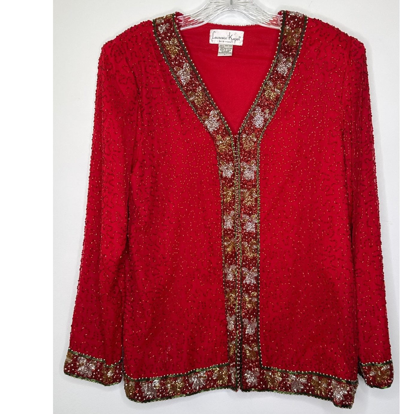 Vintage Vtg Laurence Kazer Silk beaded red formal cardigan Jacket L Size L / US 10 / IT 46 - 4 Thumbnail