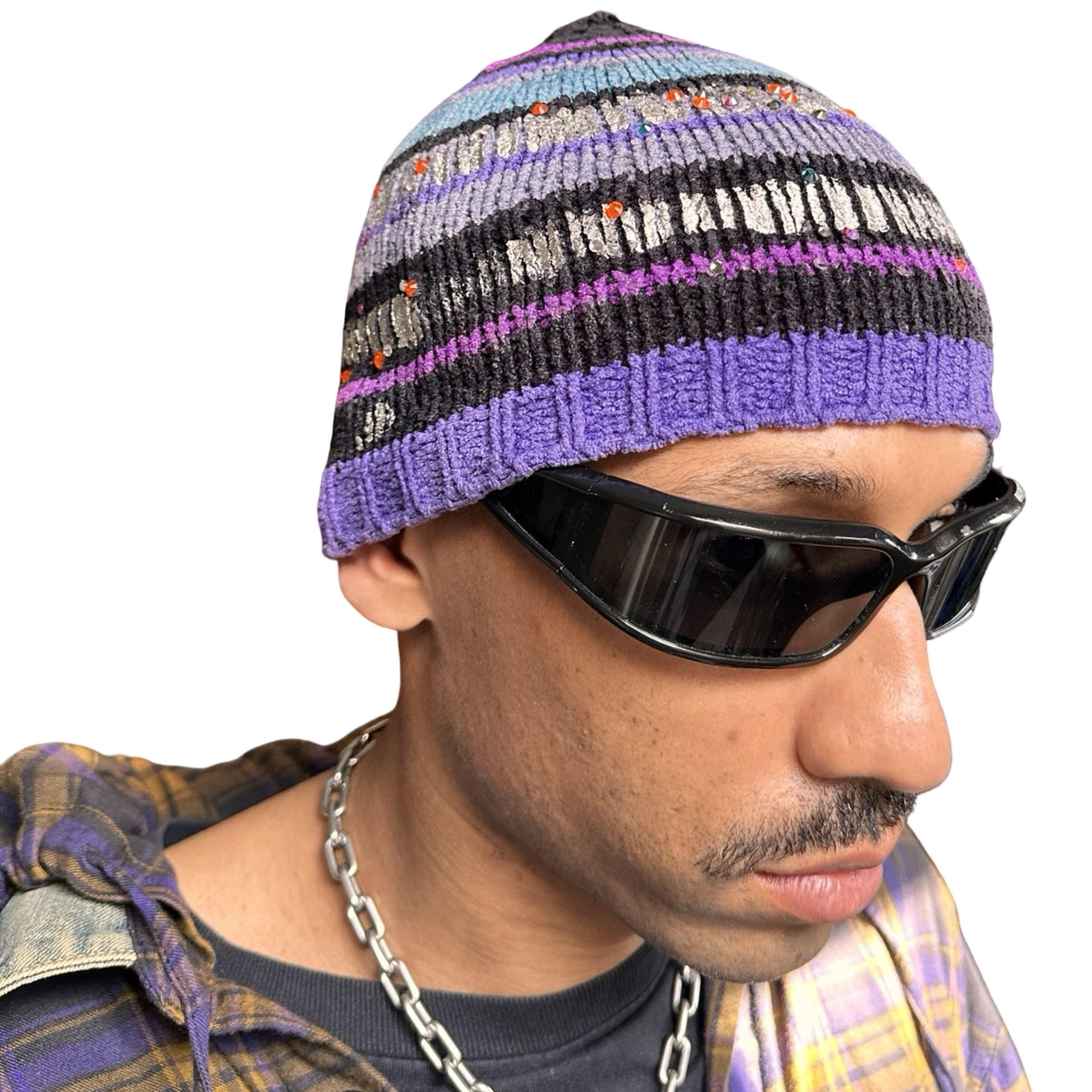 Vintage ASTROBOI* Black/Purple Striped Rhinestone Winter Beanie Size ONE SIZE - 1 Thumbnail