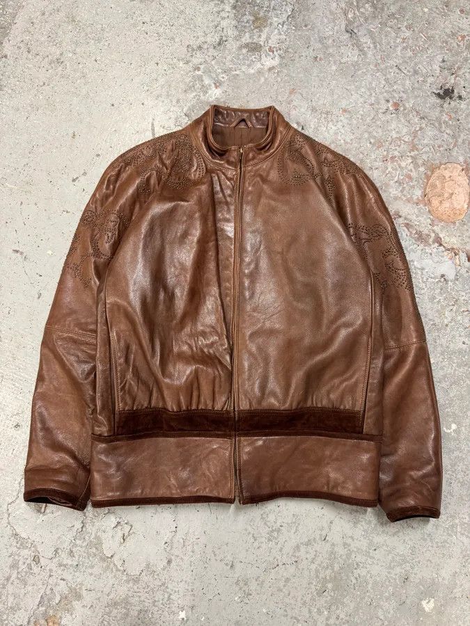 1990s Gianni Versace Brown Tribal Studded Leather Jacket