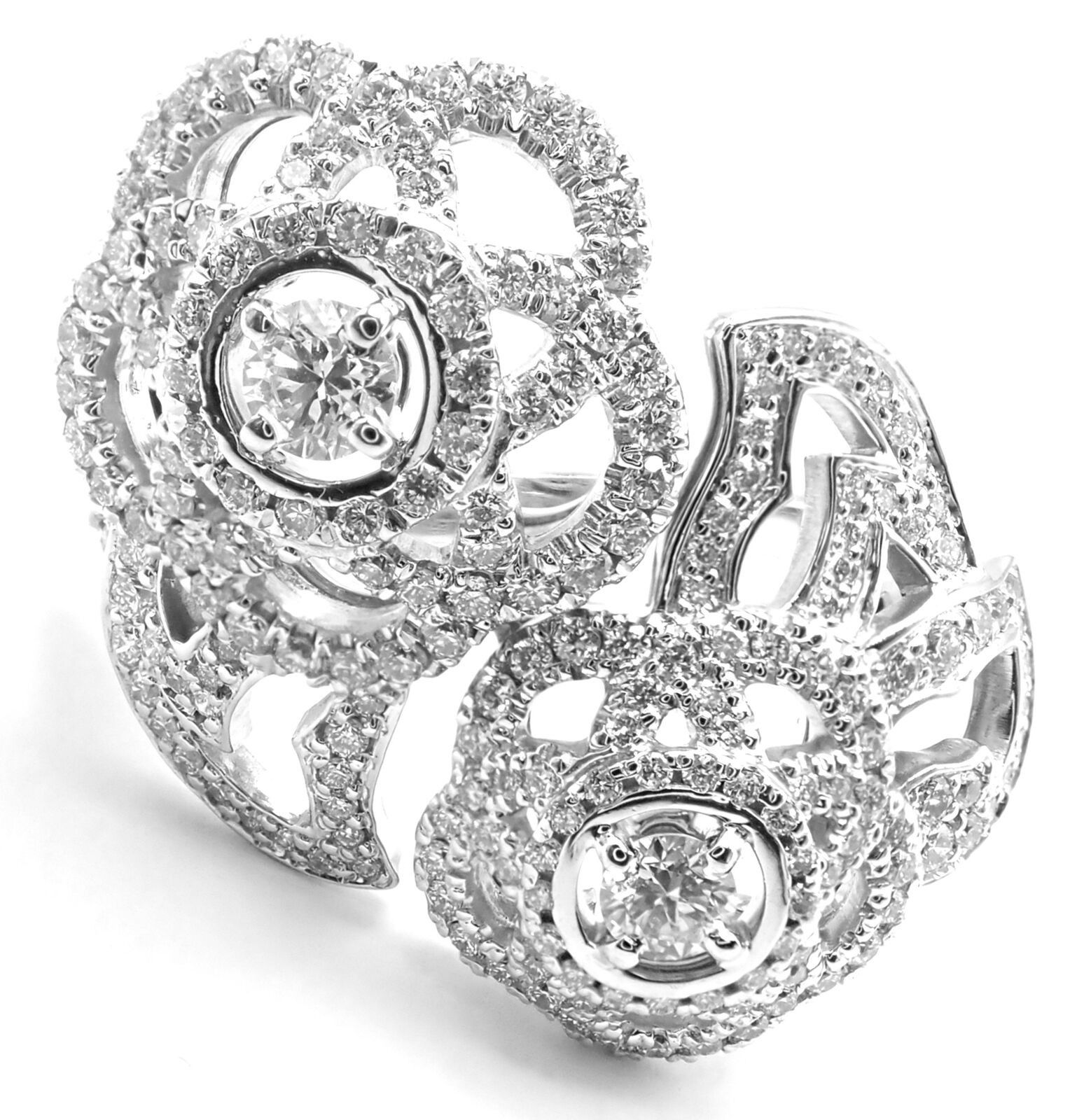 Chanel Camellia Two Flower 18k White Gold Diamond Ring