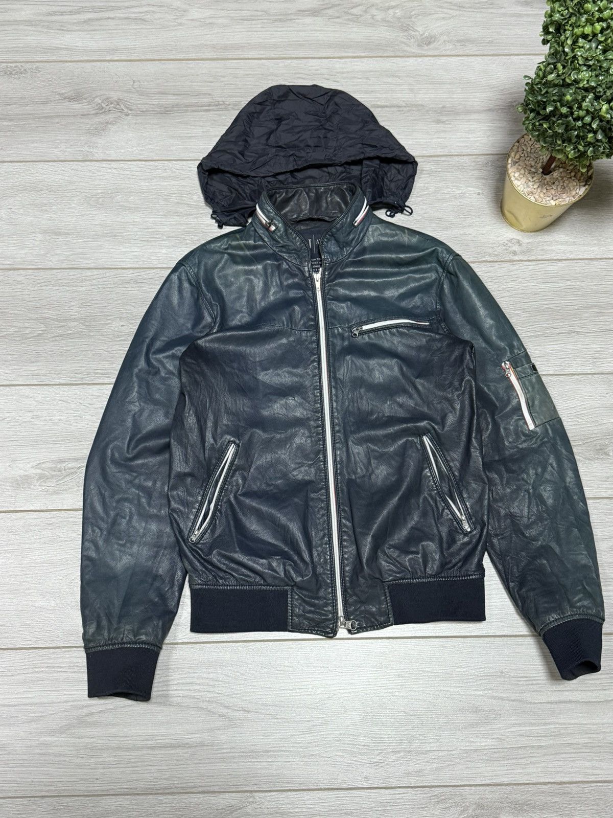 Armani Armani Jeans leather ovina Calf leather hooded jacket zip Size US S / EU 44-46 / 1 - 4 Thumbnail