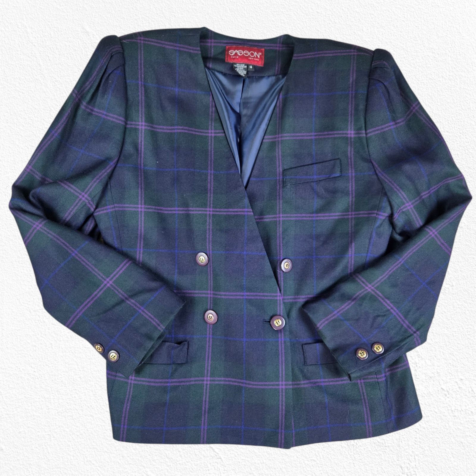 Vintage 80s Black Purple Plaid Double Breasted Power Blazer Size 14 Size XL / US 12-14 / IT 48-50 - 2 Thumbnail