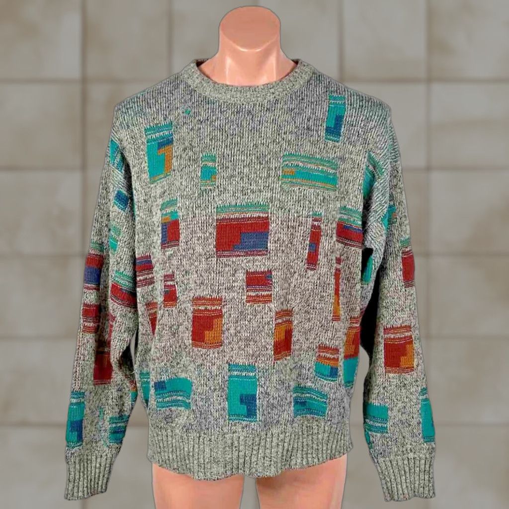 VINTAGE 80s 90s Geometric Multicolor Chunky Knit Crewneck Pullover