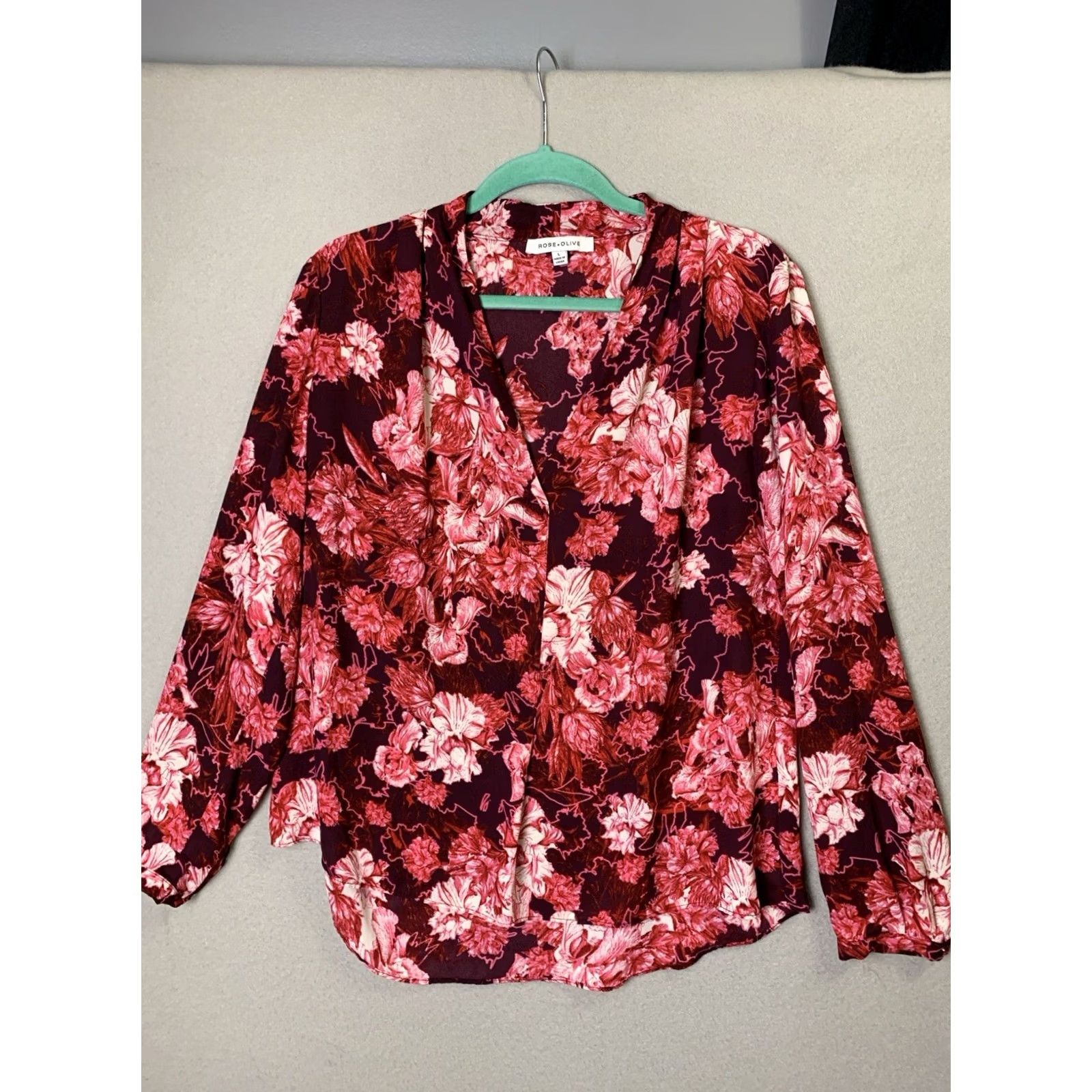 Vintage Rose & Olive Blouse Womens L Maroon Floral V-Neck Semi-sheer Chiffon Boho Peasant Long Sleeve Pullover Size L / US 10 / IT 46 - 2 Thumbnail