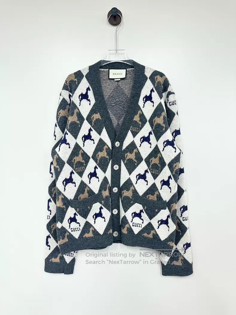 Gucci Gucci Gray and black diamond full-print pony logo cardigan Size S / US 4 / IT 40 - 1 Thumbnail