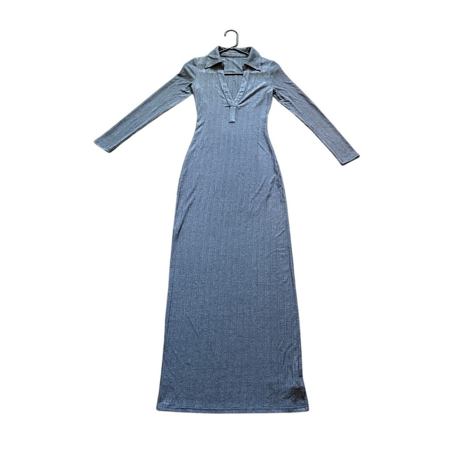 Other Micas Gray V-Neck Long Sleeve Collared Bodycon Long Dress Size S / US 4 / IT 40 - 1 Thumbnail