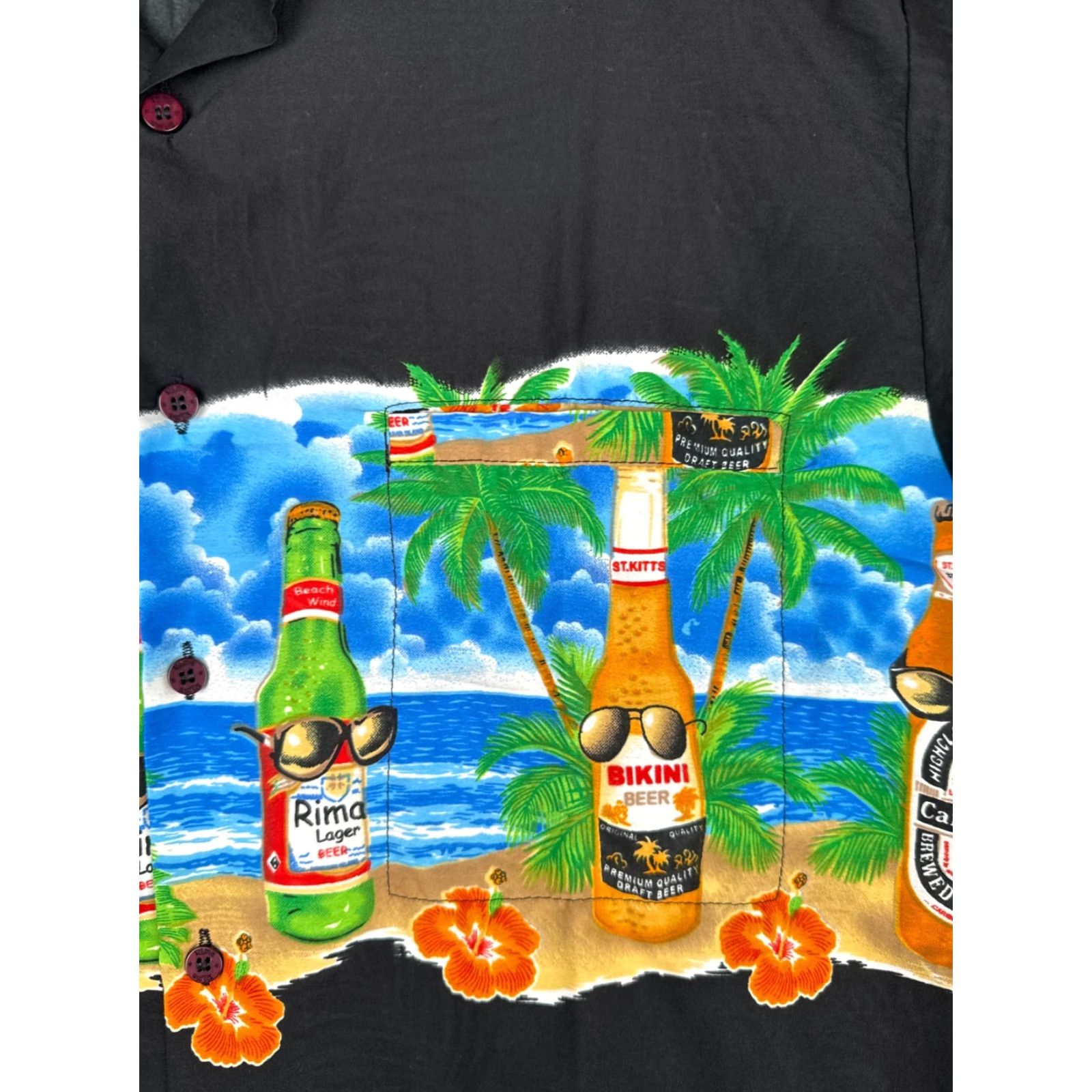 Erima Rima Shirt Men M Black Palm Beer Sunglasses Beach Hawaiian 100% Terivoile Floral Short Sleeve Button-Up Size US M / EU 48-50 / 2 - 6 Thumbnail