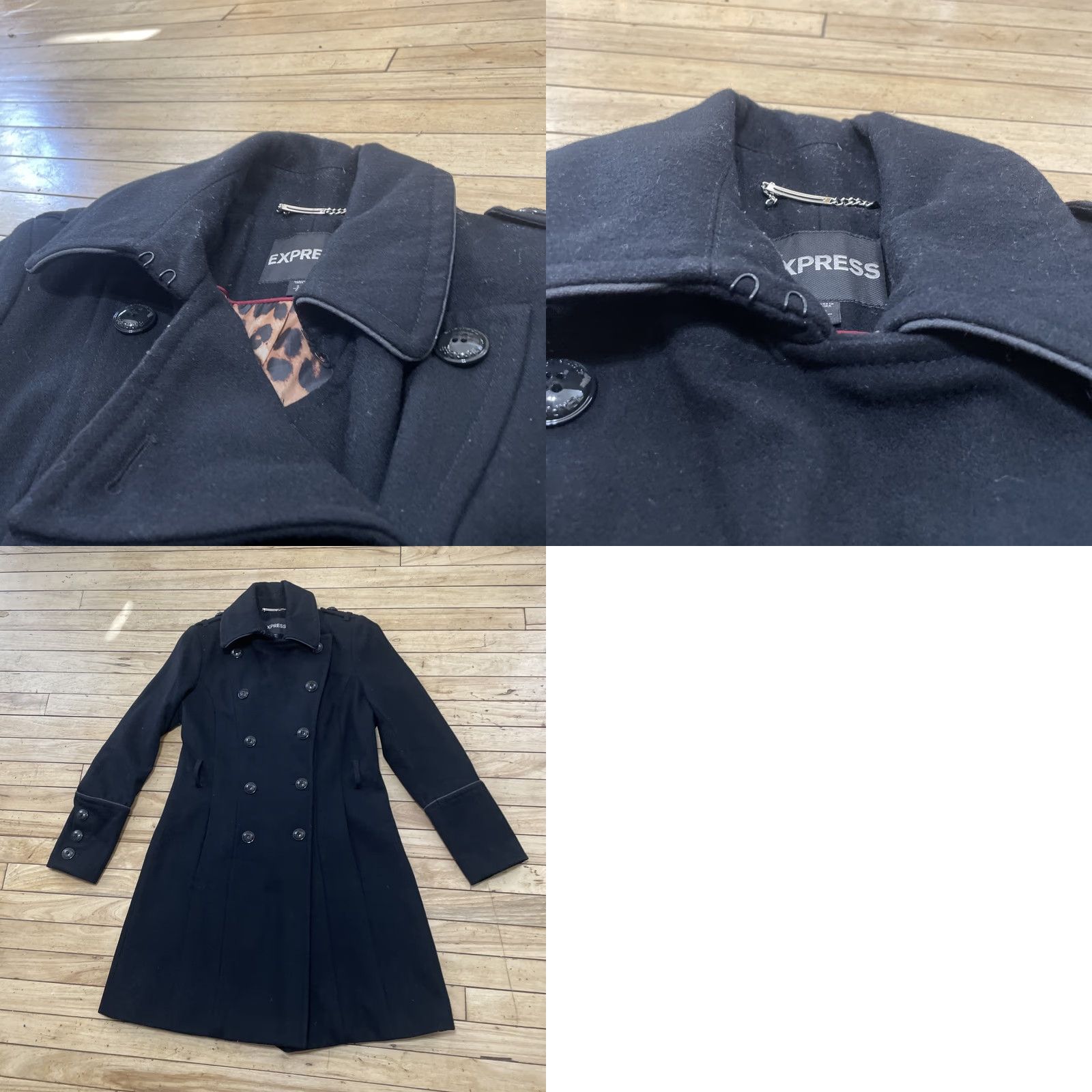 Express VINTAGE Express Wool Trench Peacoat Women S Black 10 Button Leopard Cheetah Lined Heavy Overcoat w/o Belt Coat Women Black xs? Size S / US 4 / IT 40 - 11 Thumbnail