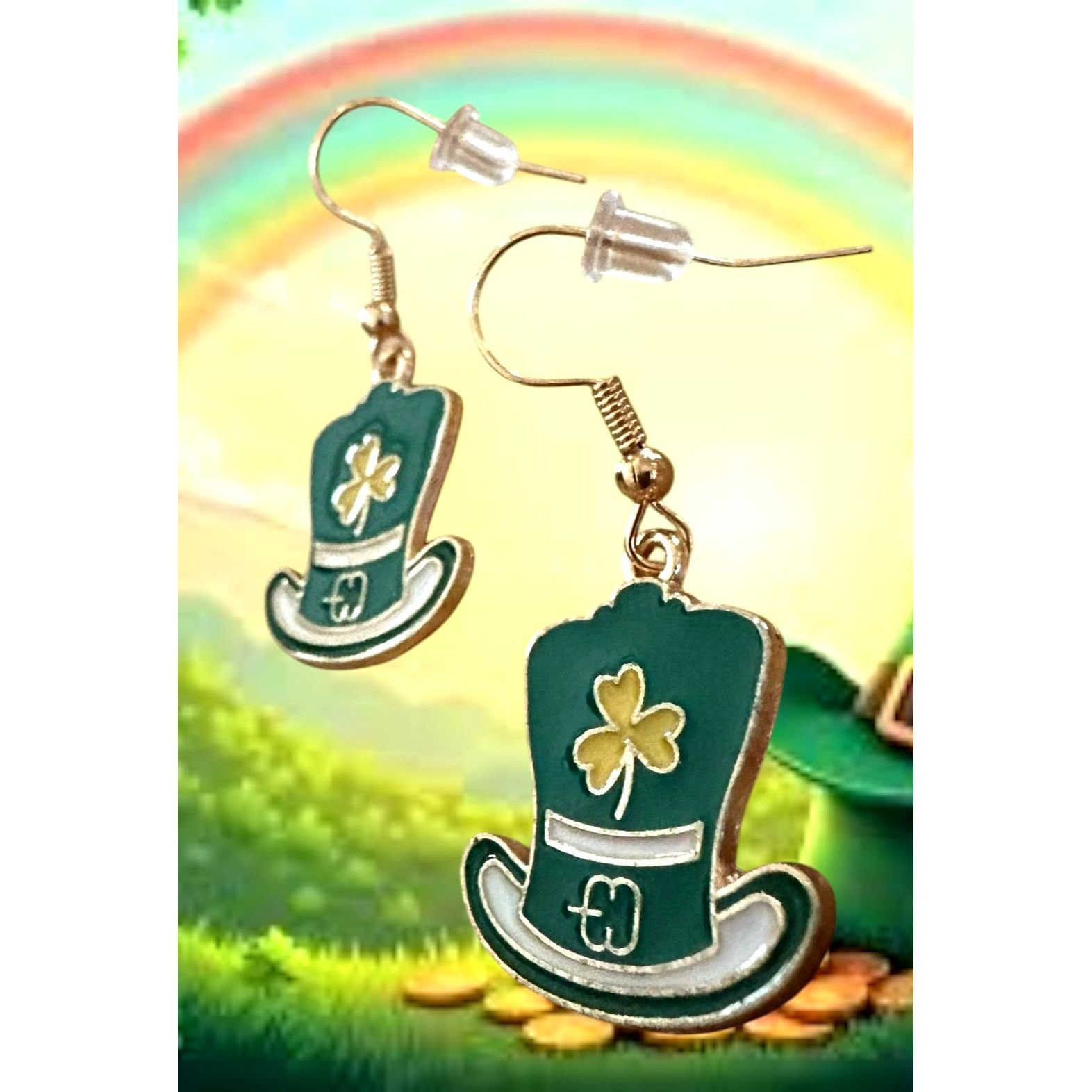 Handmade St Patricks Day Leprechaun Hat Earrings Shamrock Green Dang Size ONE SIZE - 7 Thumbnail