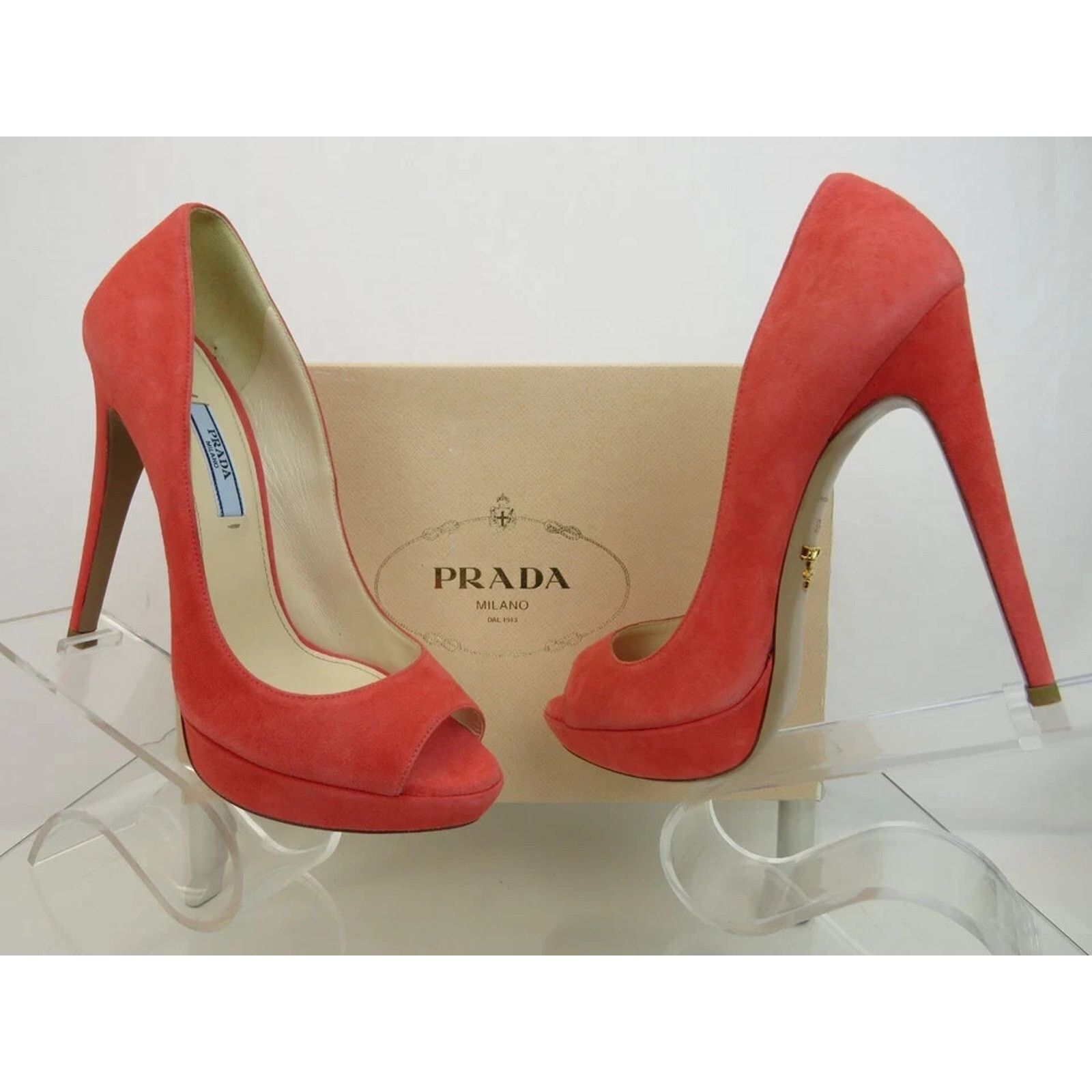 Prada PRADA 1KP150 CORAL SUEDE GOLD LOGO PLATFORM PUMPS 37.5 ITALY Size US 7.5 / IT 37.5 - 3 Thumbnail
