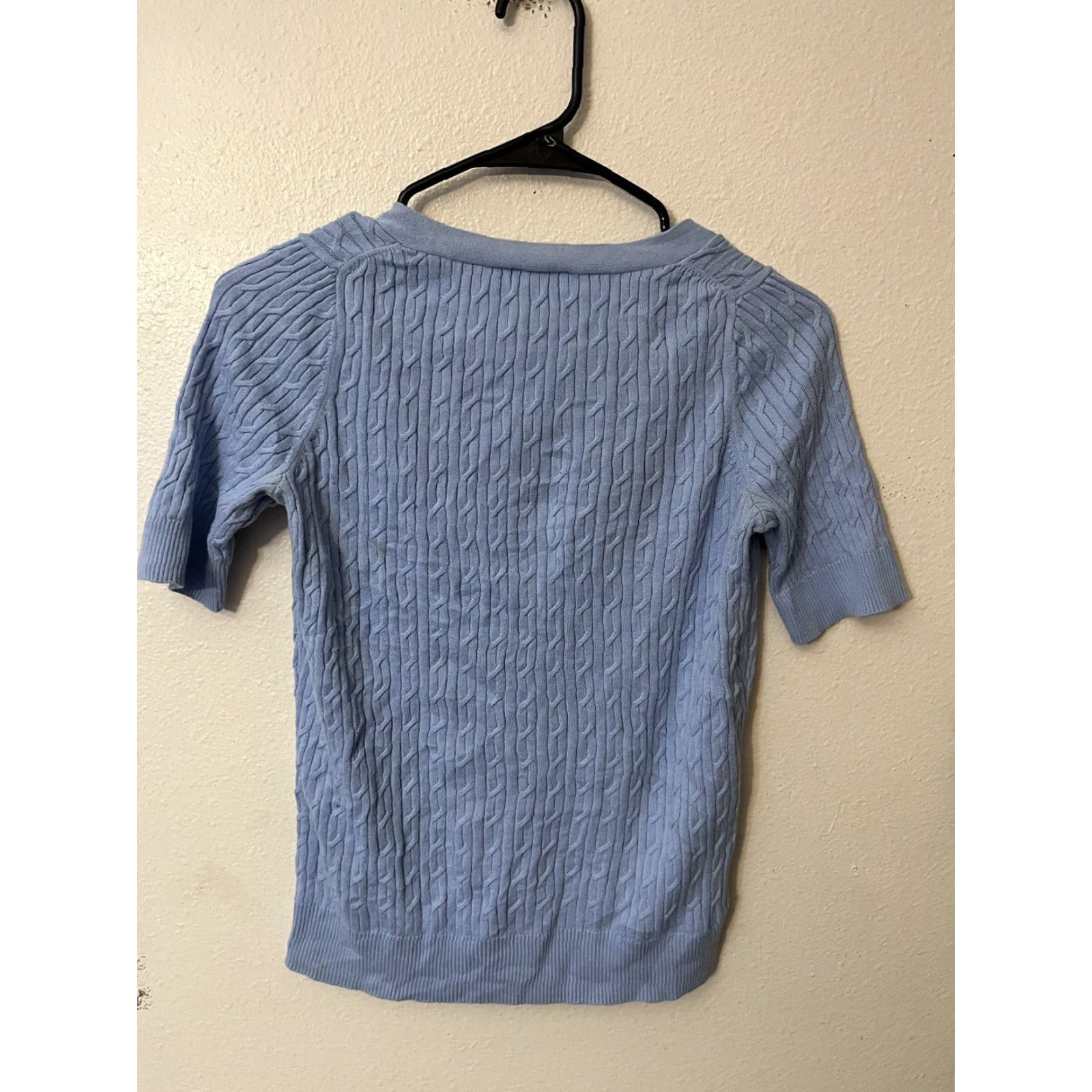 Talbots Talbots Cardigan V-Neck Short Sleeve Button Cable-Knit Pima Cotton Solid Blue Petite S Womens Size S / US 4 / IT 40 - 2 Thumbnail