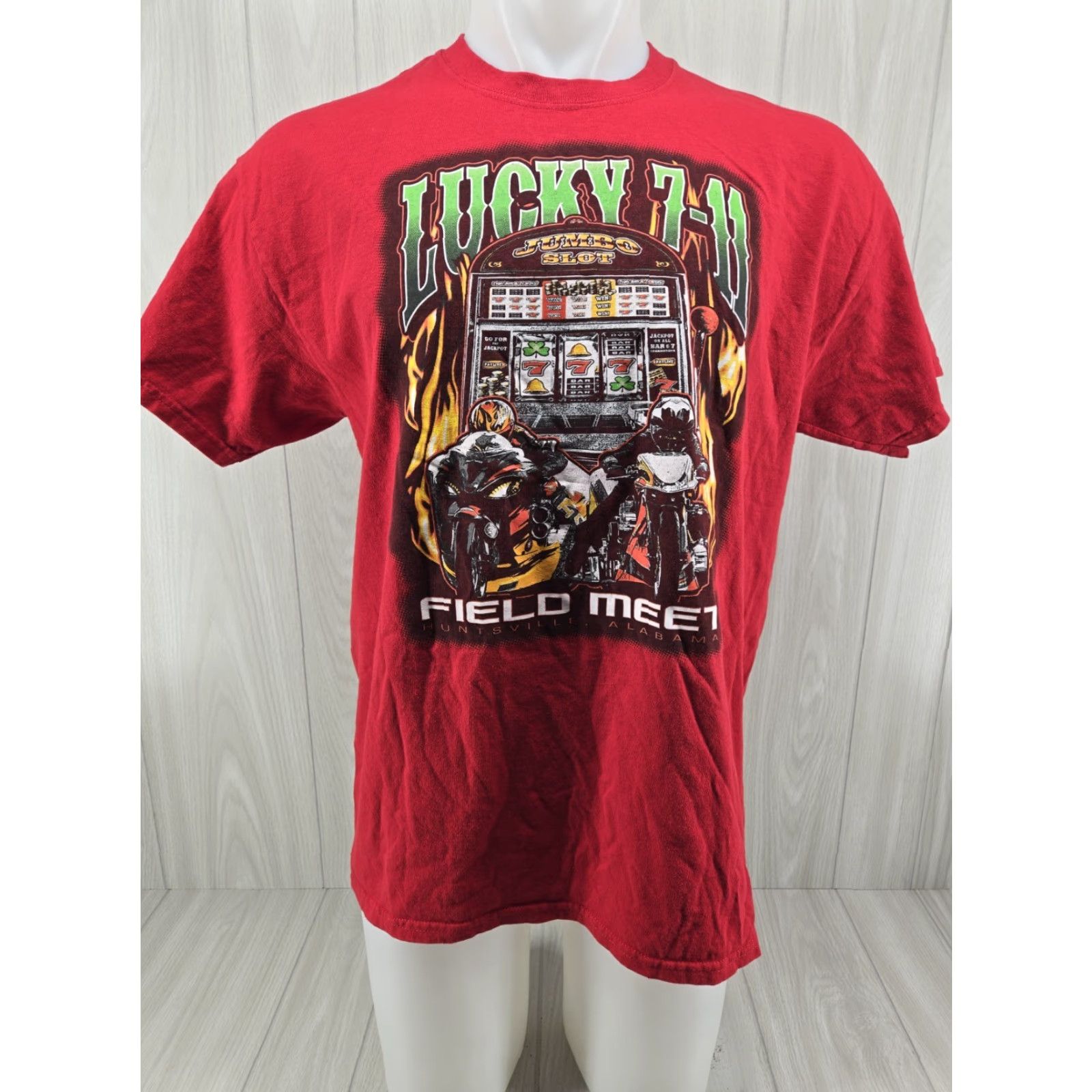 Gildan Lucky 7-11 Alabama Field Meet Huntsville Al T-Shirt Size Large Mens Regular Red Short Sleeve Size US L / EU 52-54 / 3 - 2 Thumbnail