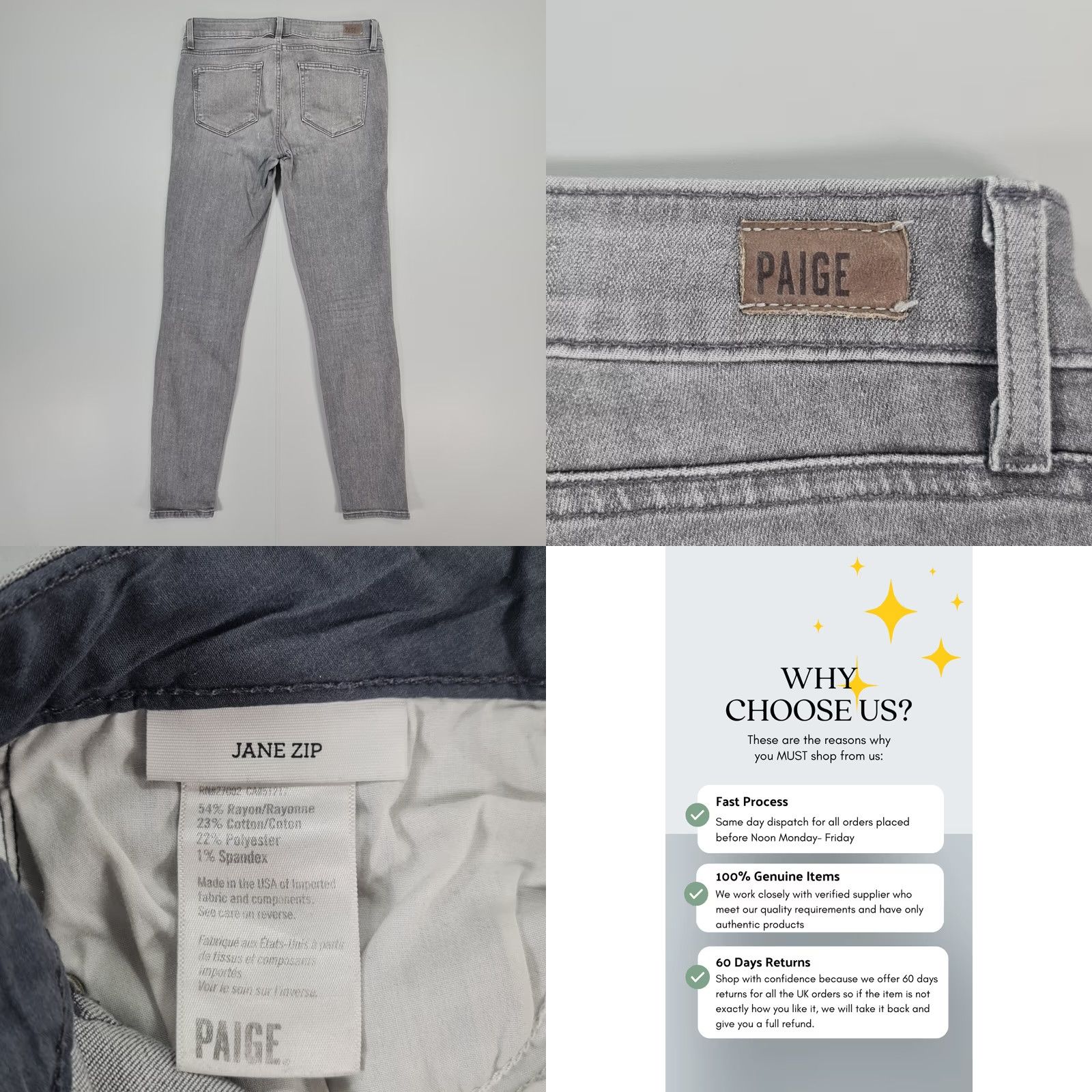 Paige Paige Womens Jeans Skinny Low Rise W29 L29 Grey Jane Zip Stretch Denim 5-Pocket Modern City Designer Womens Size 29" - 8 Thumbnail