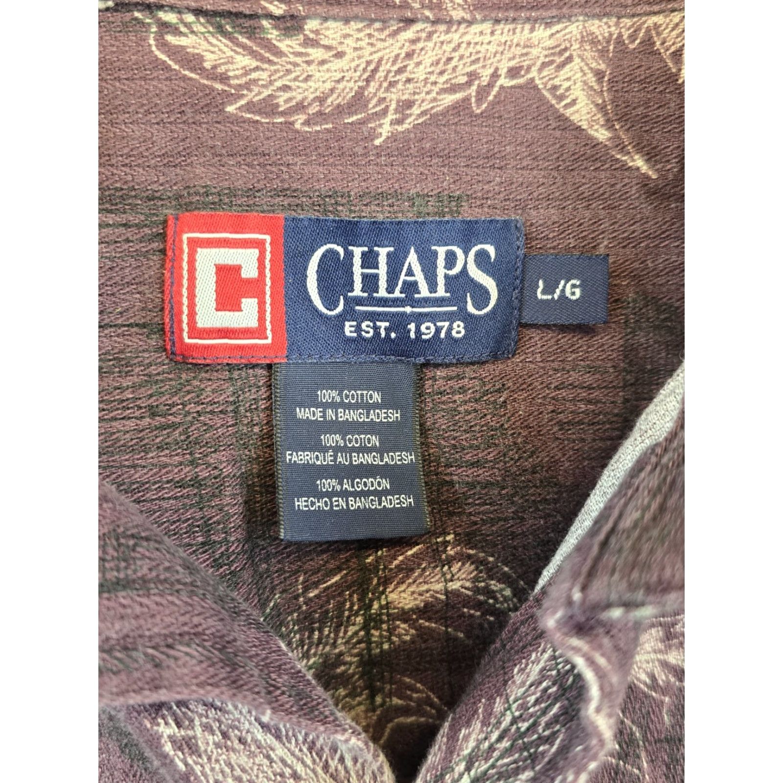 Chaps Chaps Men’s Long Sleeve Button-Up Flannel Shirt W/Leaf Design - Size L - Purple, 43-45 Chest - Cotton, Regular Fit, Fall/Winter, Men Size US L / EU 52-54 / 3 - 4 Thumbnail