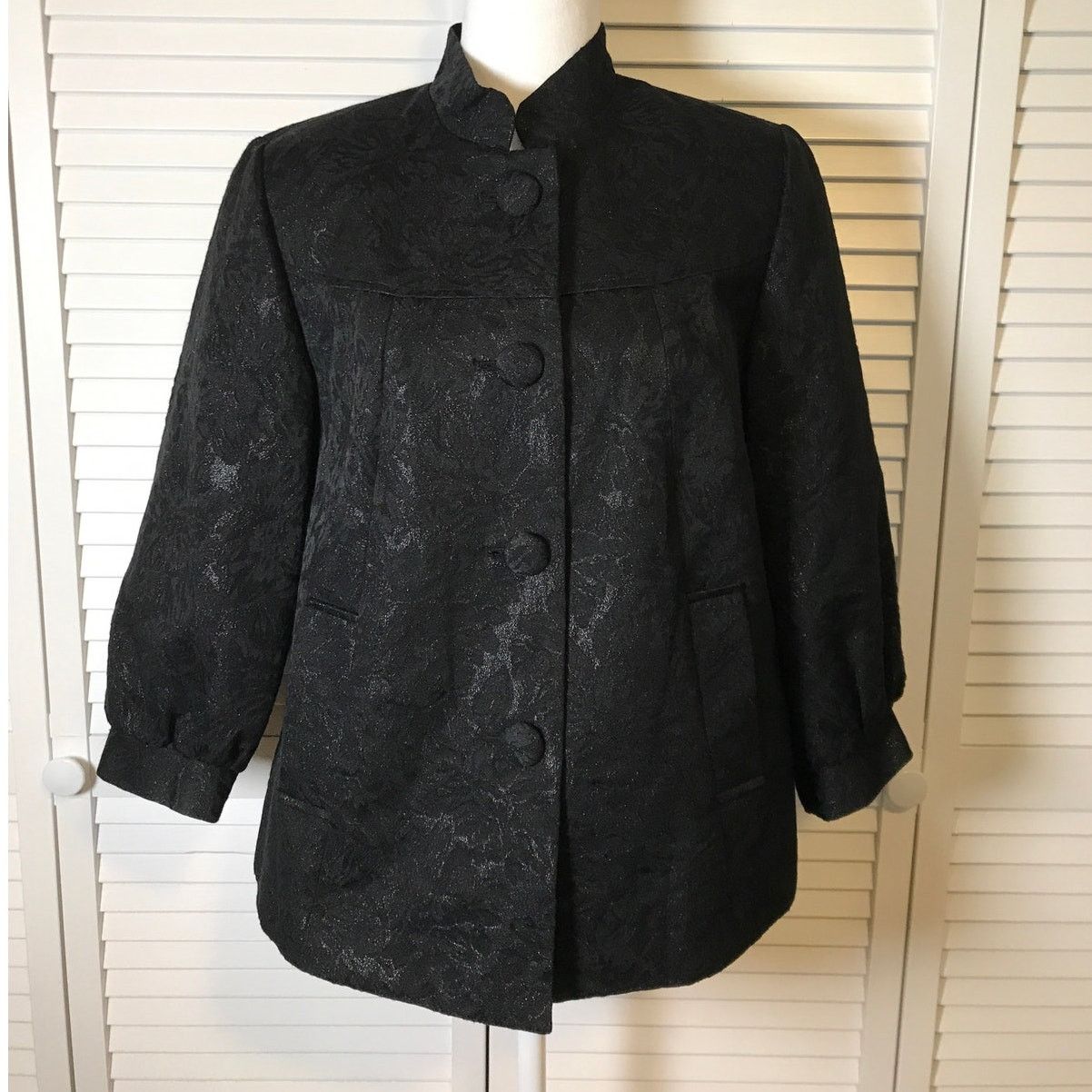 George George Black Floral High Neck ¾ Sleeve Lined Jacket 12 Size XL / US 12-14 / IT 48-50 - 1 Thumbnail