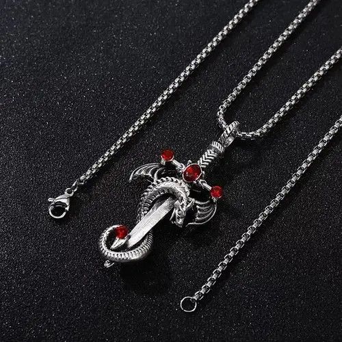 Homemade × Jewelry Demon Dragon Necklace Sword Dagger Red Stone Chain Anime Art Size ONE SIZE - 3 Thumbnail