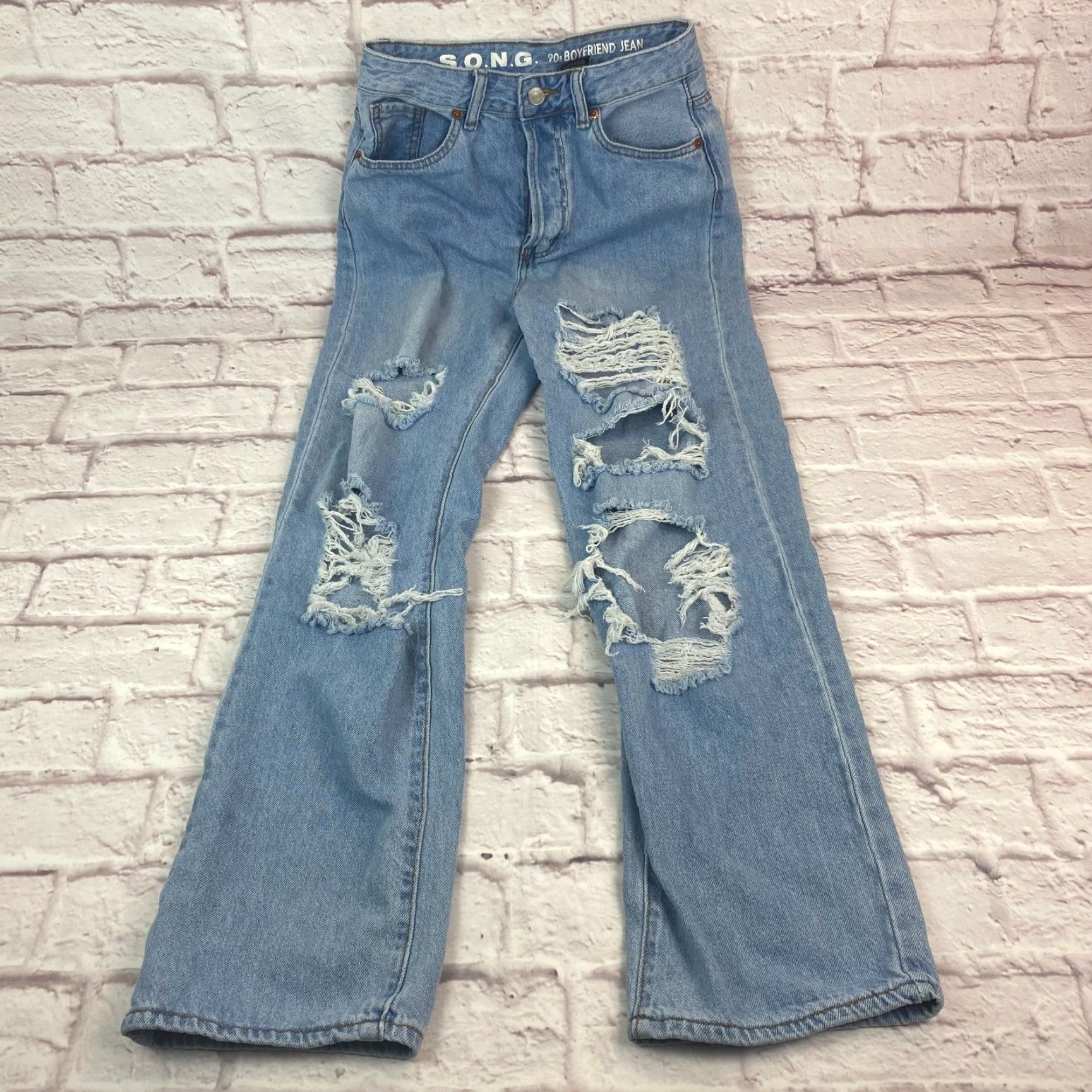 Vintage SONG Womens 90s Boyfriend Jeans Size 26 Blue High Rise Distressed 100% Cotton Denim Light Wash 5-Pocket Design Jeans Womens 90s Vintage? Size 26" / US 2 / IT 38 - 3 Thumbnail