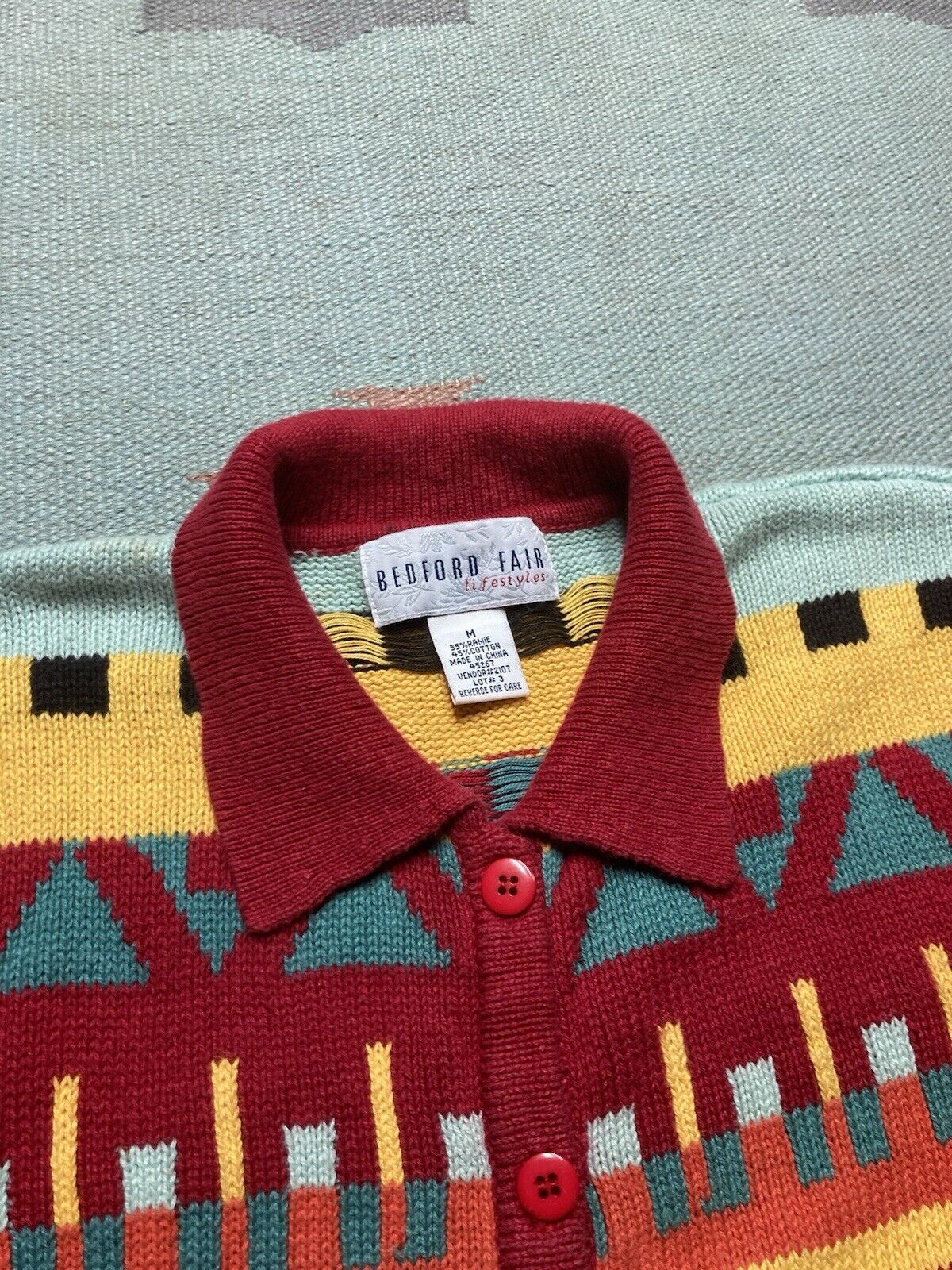 Vintage VTG knit cardigan button sweater ramie geometric diamonds M Size M / US 6-8 / IT 42-44 - 4 Thumbnail