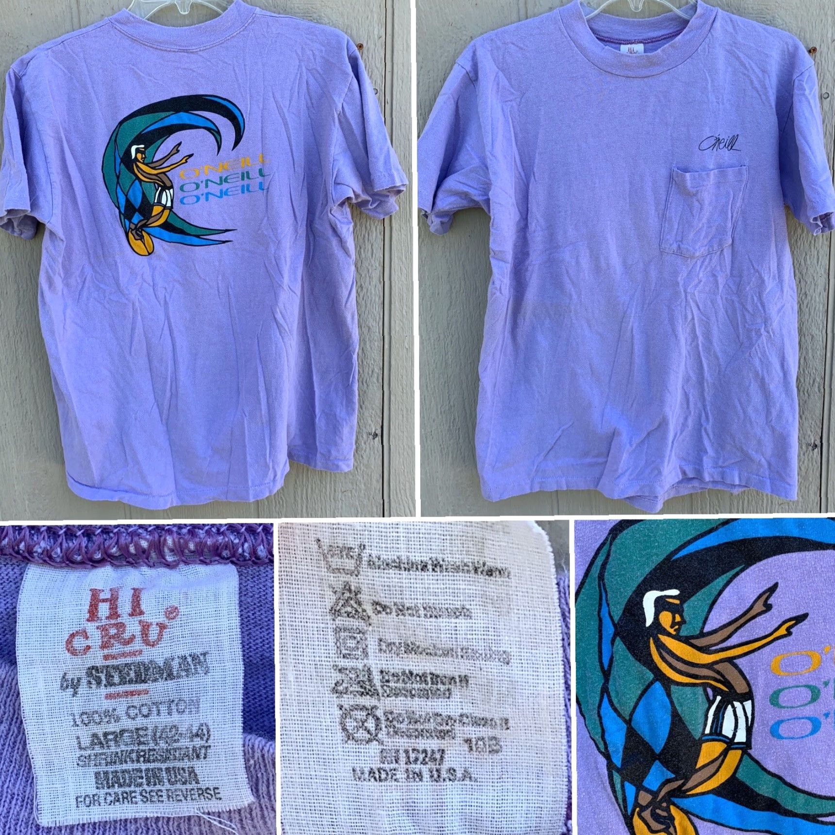 O'Neill VINTAGE O’Neill Pocket Tee T Shirt Surf Surfer Surfboard Graphics HI CRU Label L Men Purple 1970s 1980s Sportswear/Beach Shirt Size US L / EU 52-54 / 3 - 5 Thumbnail