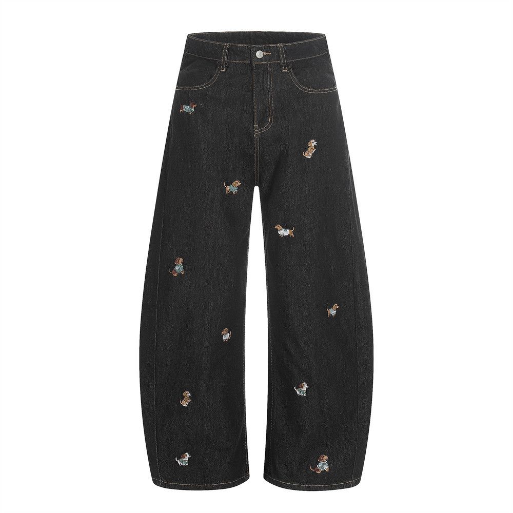 Jean Men's Cartoon Puppy Embroidery Curved-Leg Jeans Size US 32 / EU 48 - 1 Thumbnail