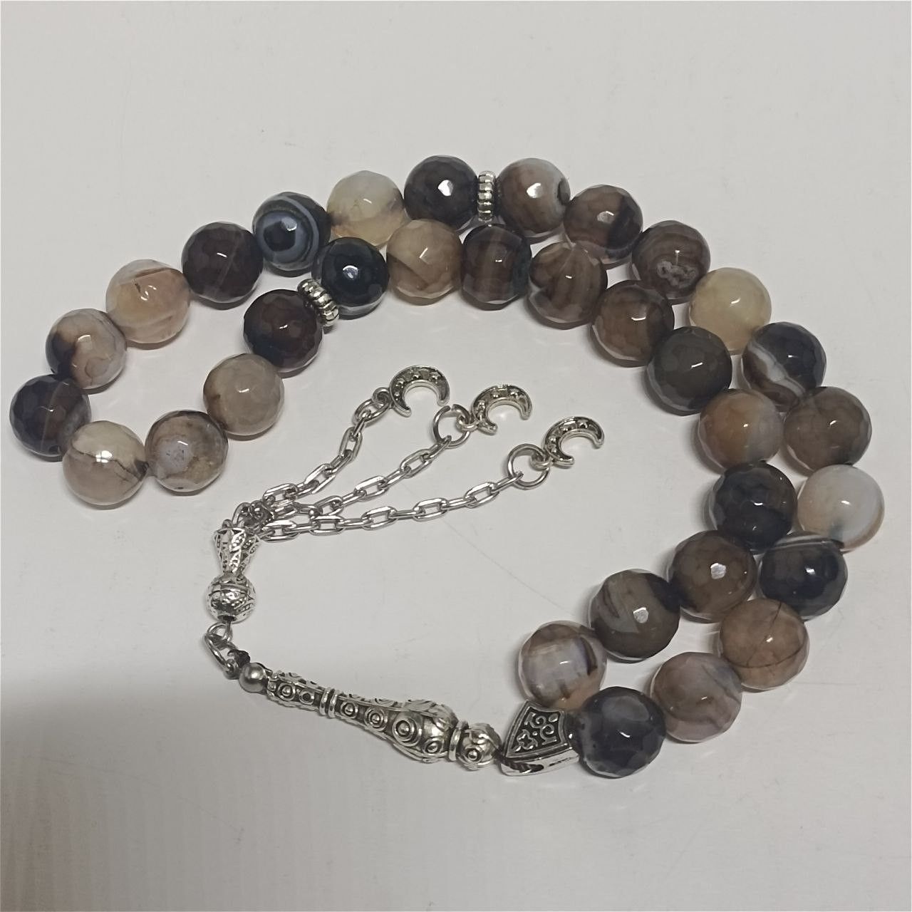 33 agate stone prayer beads silver crescent charms tassel