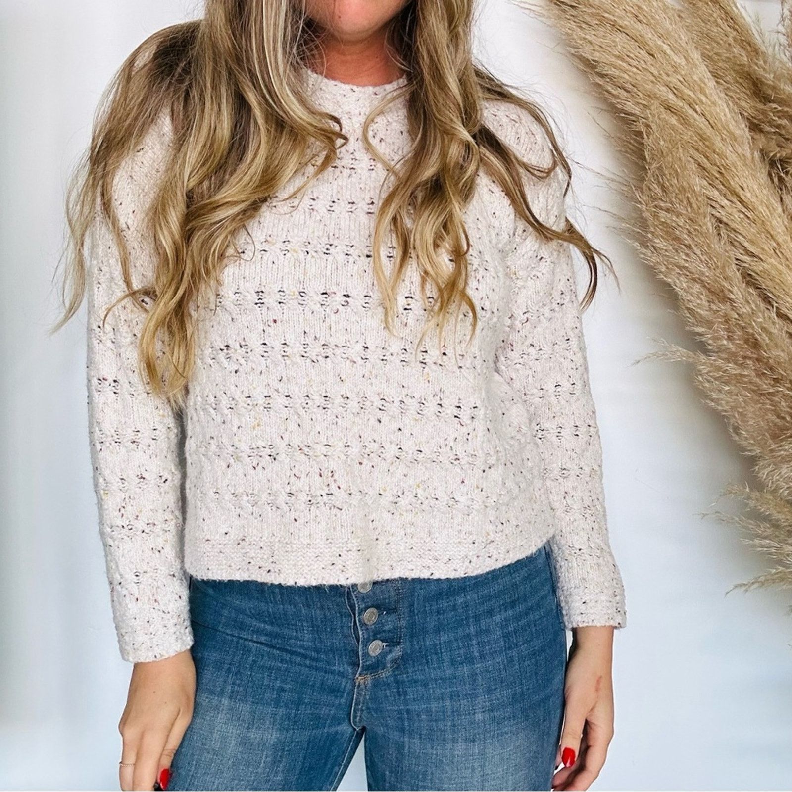 Old Navy OLD NAVY White Marl Chunky Crew Woven Crop Pullover Sweater Size S / US 4 / IT 40 - 4 Thumbnail