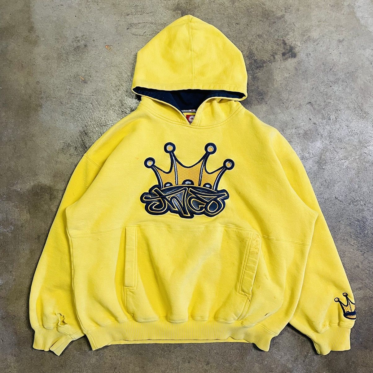 image of Archival Clothing x Jnco Vintage Jnco “Crown” Logo Distressed Hoodie Sweatshirt in Yellow (Size 2XL