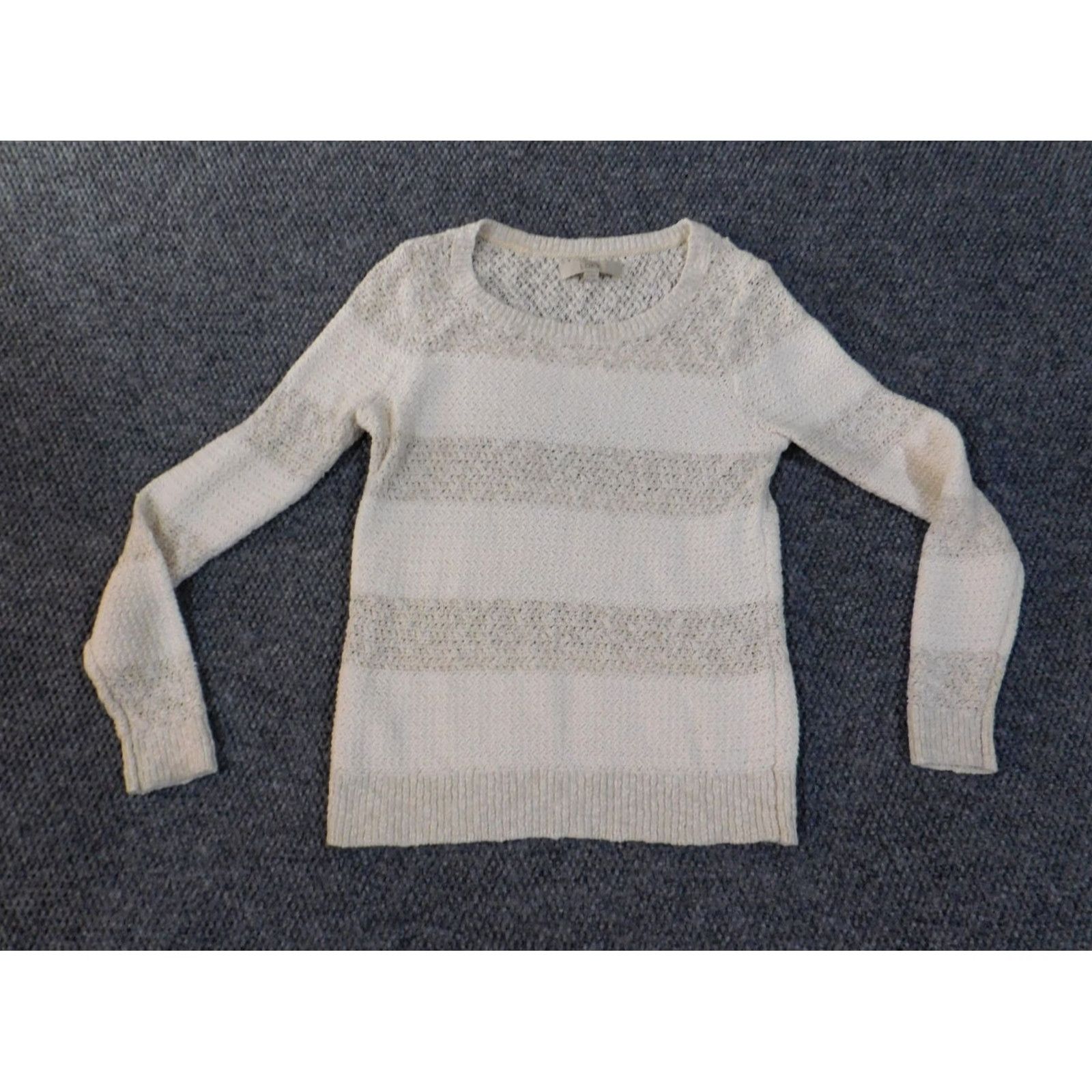 Loft LOFT Sweater Pullover Women Medium Beige Stripe Knit Cotton Acrylic Rib Knit Round Neck Long Sleeve Regular Fit Vintage No Size M / US 6-8 / IT 42-44 - 3 Thumbnail
