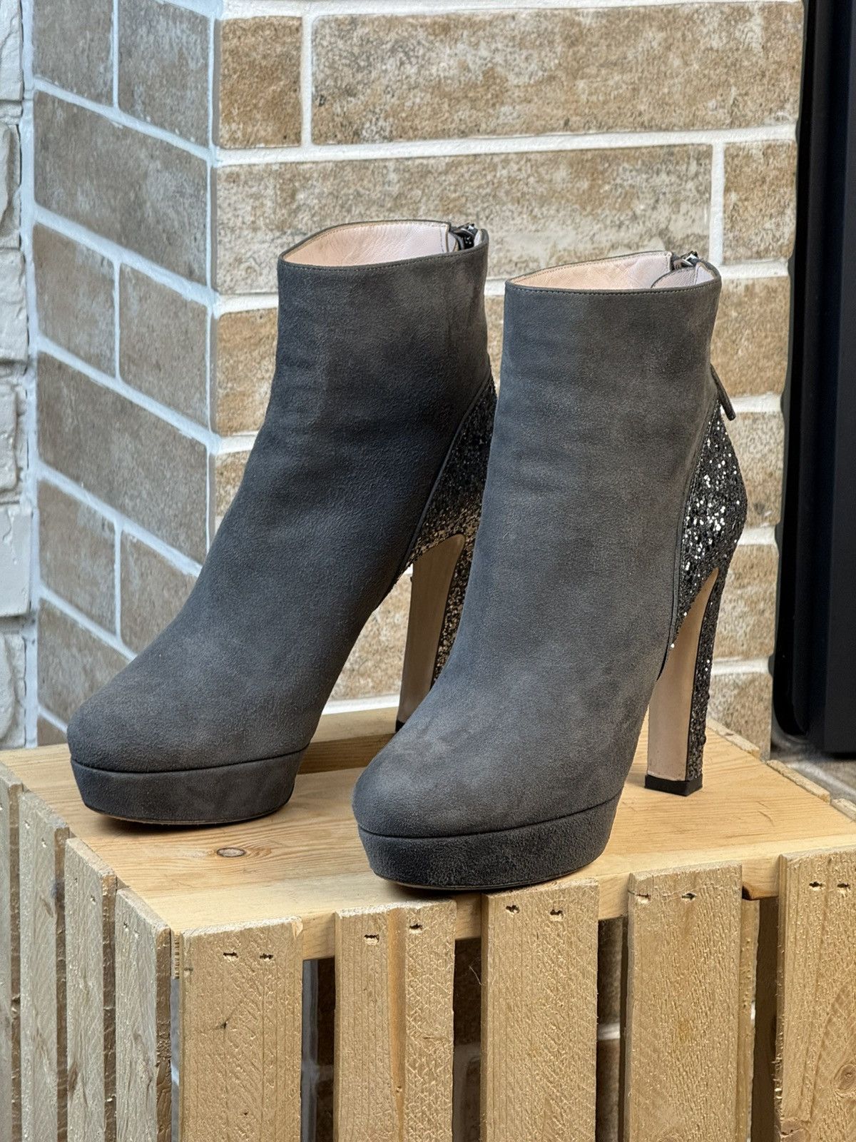 Miu Miu Miu Miu Gray Suede Glitter Heels Boots Size US 8.5 / IT 38.5 - 1 Thumbnail