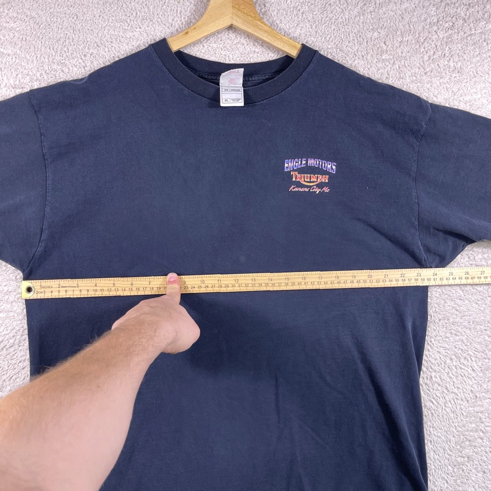 Vintage VINTAGE Triumph Motorcycles Shirt Adult 2XL Navy 90s Engle Kansas City Biker Men T-Shirt Graphic Print Short Sleeve Crew Neck Cotton Blue 90s Pattern Size US XXL / EU 58 / 5 - 8 Thumbnail