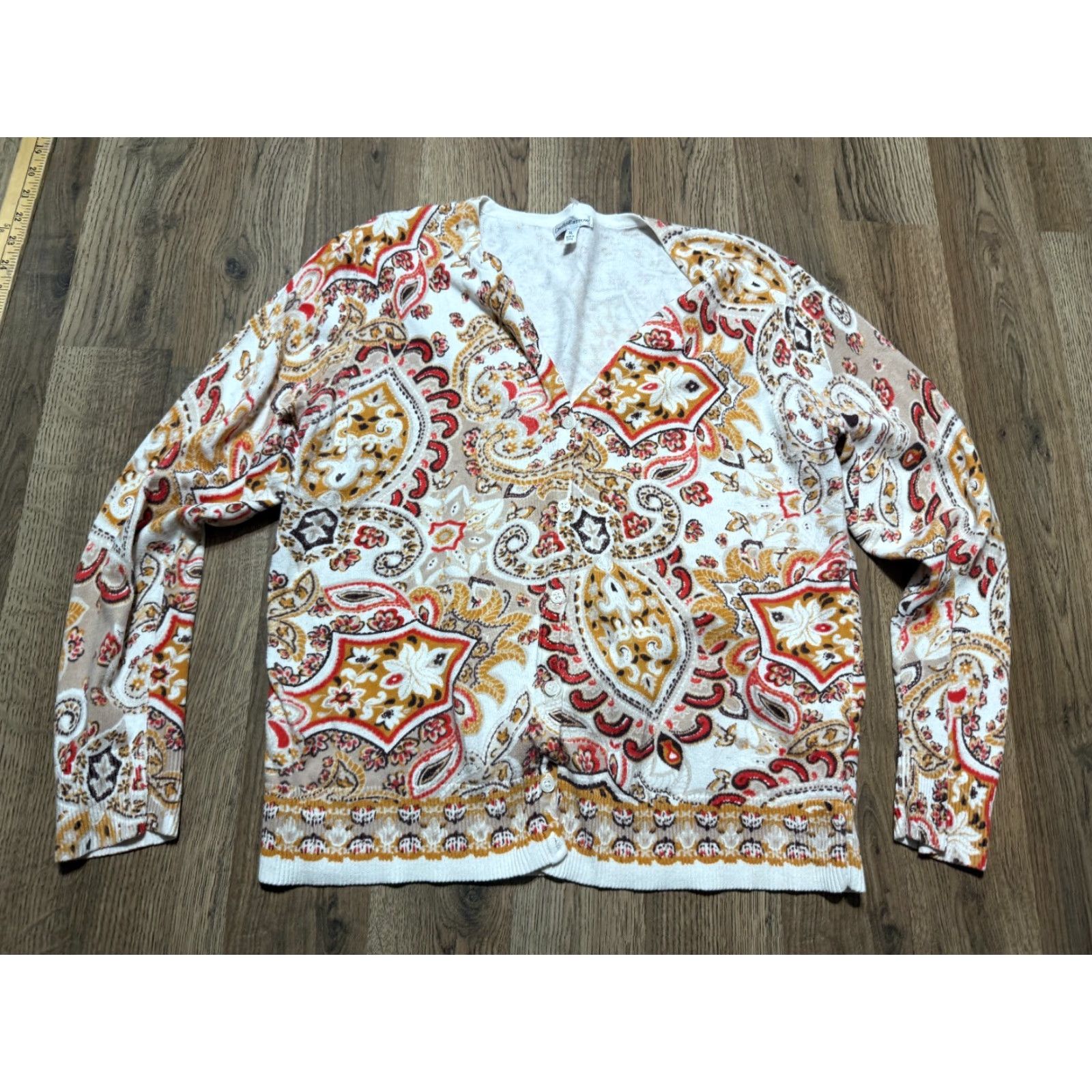 Croft & Barrow Croft & Barrow Sweater, Women's XL, Cardigan, Brown, Paisley, Button Up, Knit, Long Sleeve, Casual, Fall Winter Spring Summer, Regular, Beige? Size XL / US 12-14 / IT 48-50 - 2 Thumbnail