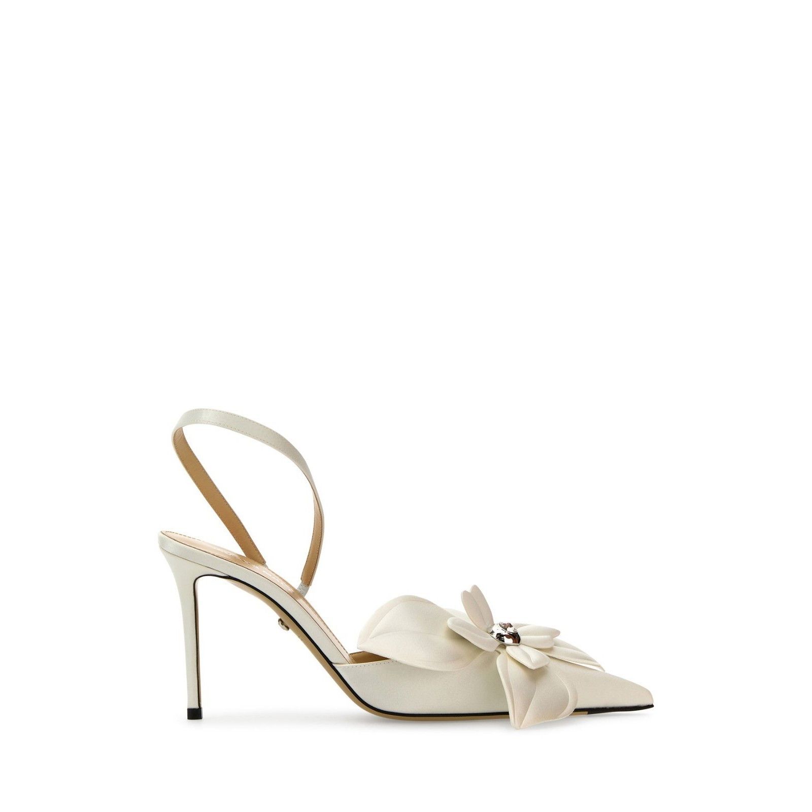 MACH & MACH Orchid Flower White Satin 95mm Heel Pumps New &